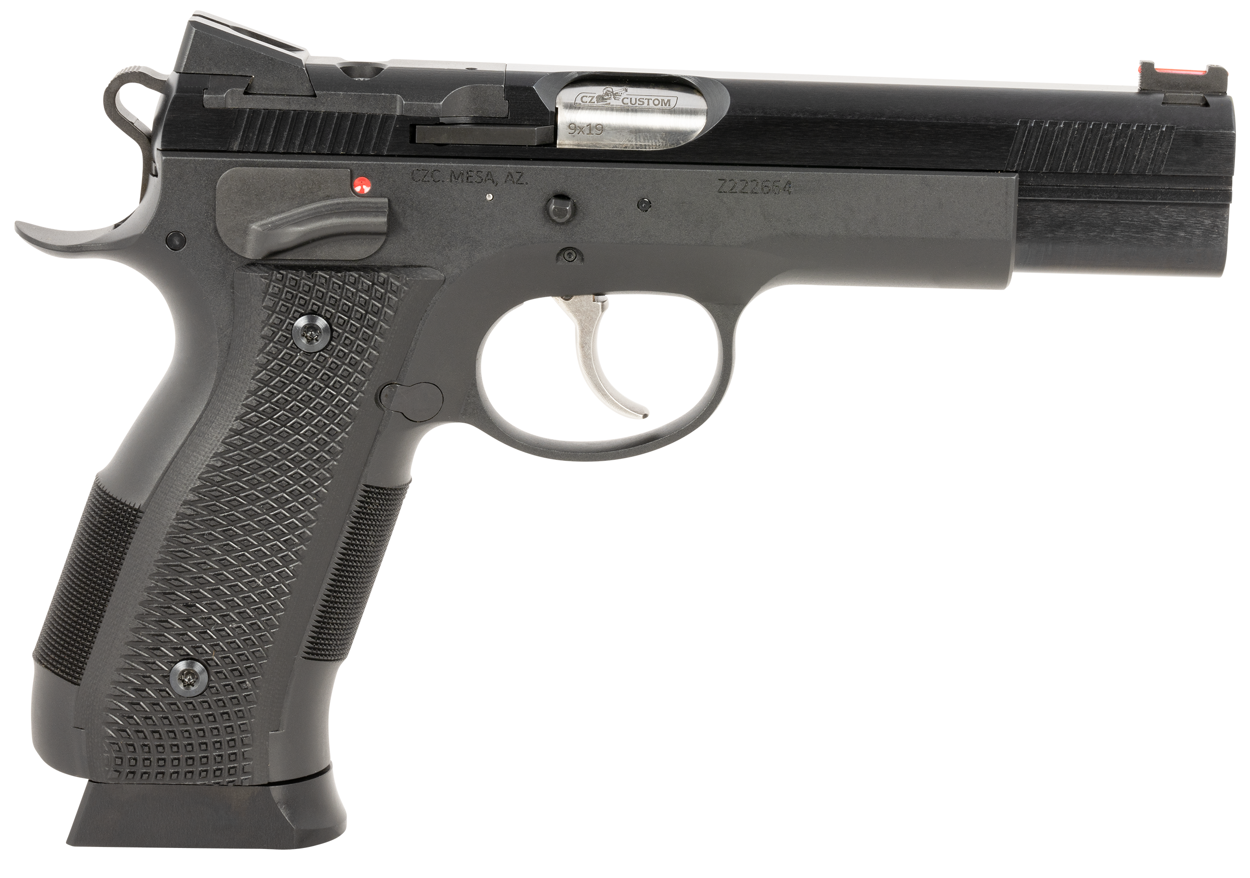 CZ-USA 91732 A01-SD  9mm Luger 19+1 4.93" Blued Match Grade Bull Barrel, Blued Optic Ready/Serrated Steel Slide, Blued Steel Frame w/Beavertail, Black Checkered Polymer Grip