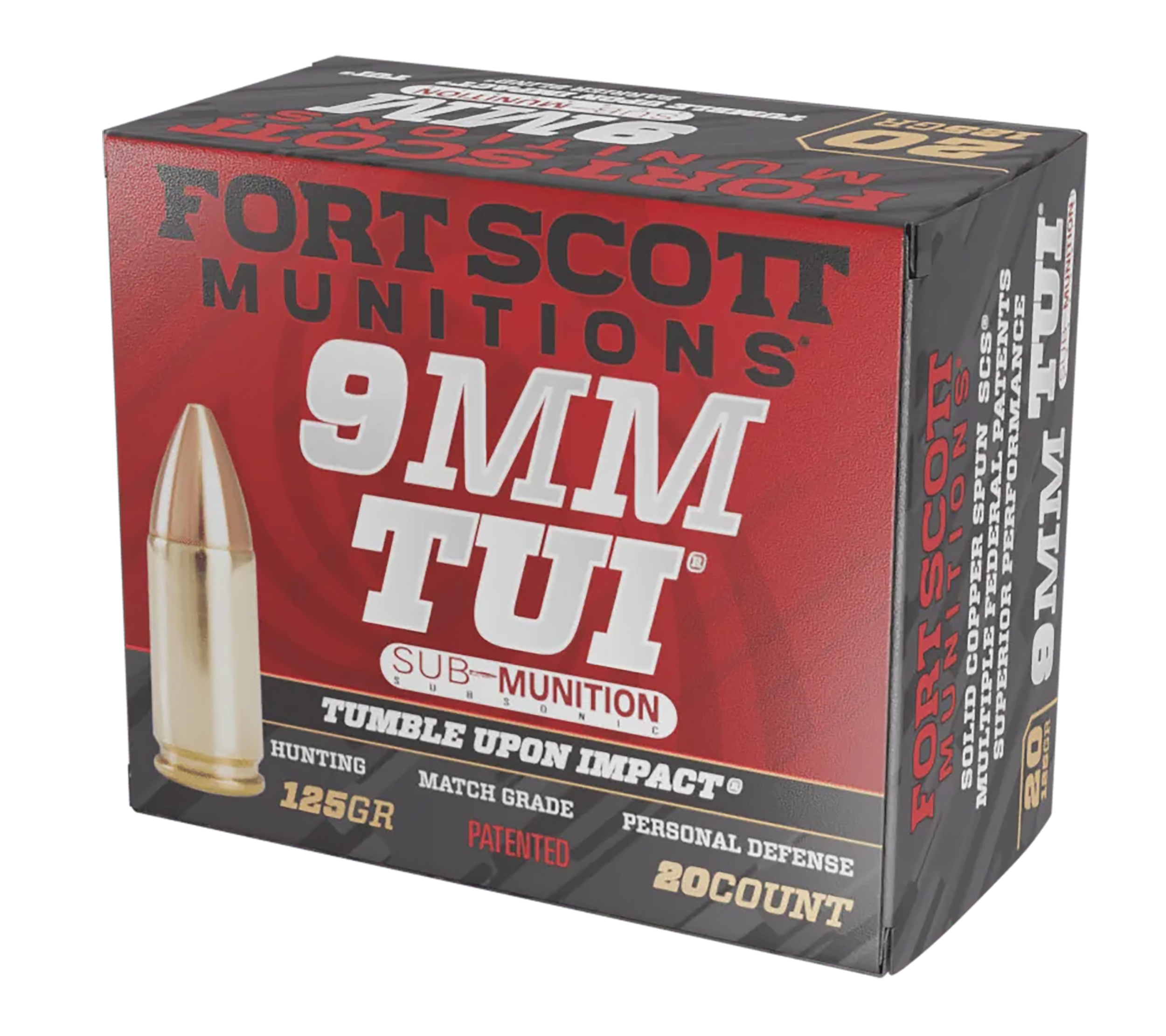 Fort Scott Munitions 9MM125SCVSS Tumble Upon Impact (TUI)  9mmLuger Subsonic 125gr Solid Copper Spun 20 Per Box/25 Case