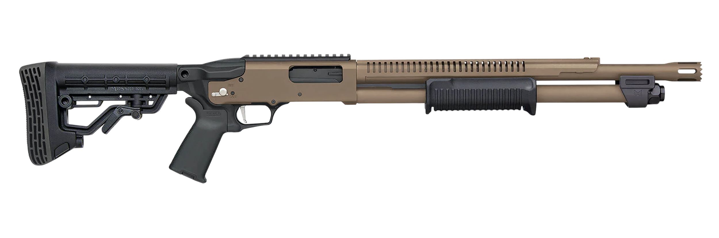 Mossberg 50756 590R 12 Gauge Pump 3" 6+1 18.50" Flat Dark Earth Cerakote Heat Shield Barrel, Flat Dark Earth Cerakote Steel Receiver, Black AR Mil-Spec Adjustable Synthetic Stock, Black Magpul Grip