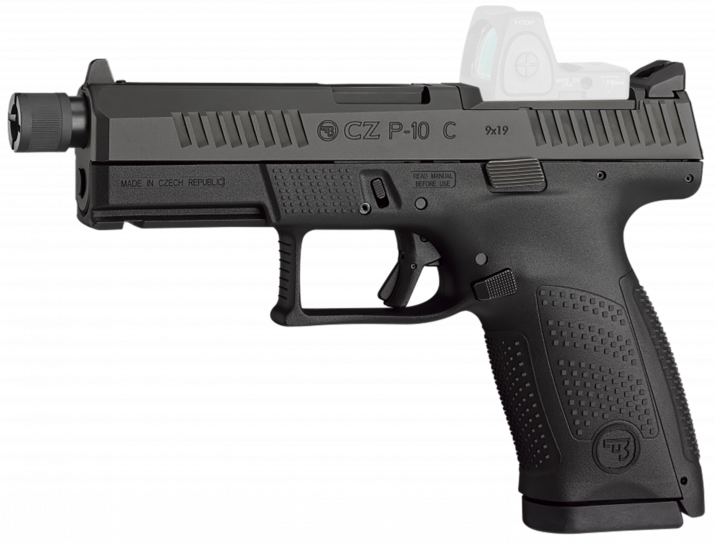 CZ-USA 91513 P-10 C  Compact 9mm Luger 17+1 4.02" Black Threaded Barrel, Black Nitride Optic Ready/Serrated Steel Slide, Black Polymer Frame w/Picatinny Rail, Interchangeable Backstrap Grip