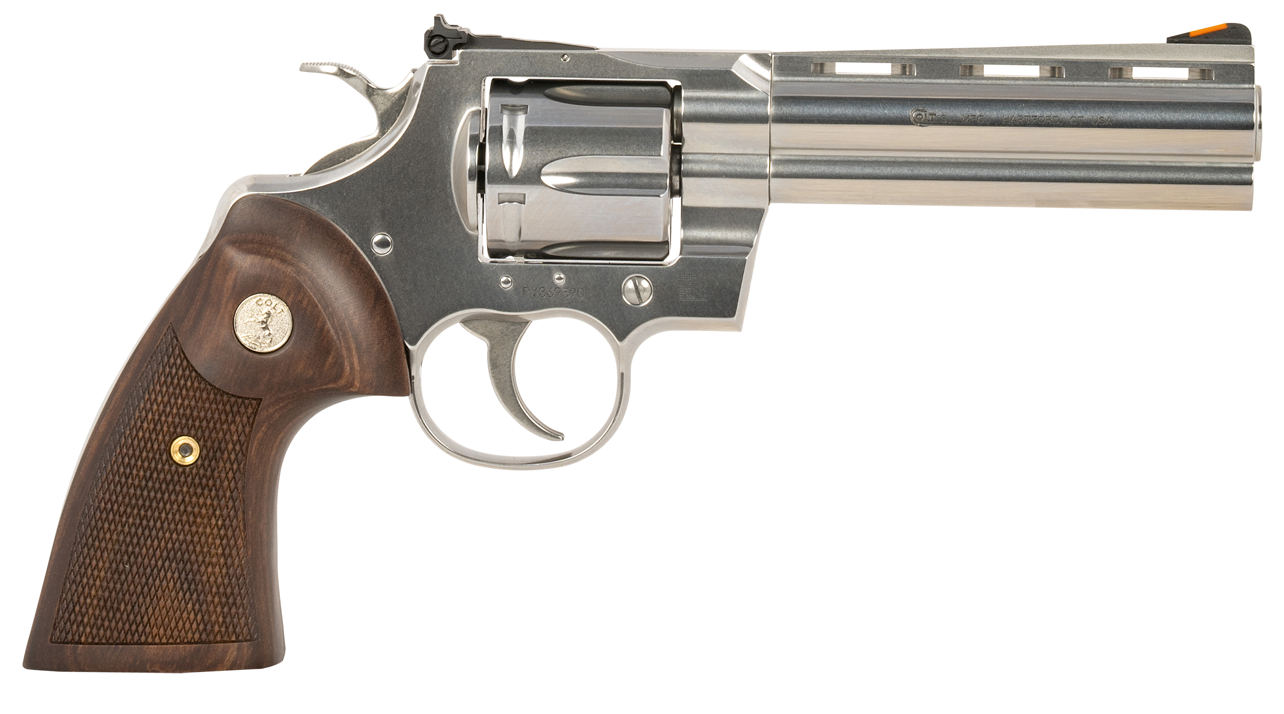 Colt Mfg PYTHONSP5WTS Python  357 Mag/38 Special 6 Shot 5" Stainless Recessed Target/Vent Rib Barrel, Stainless Cylinder & Frame, Walnut w/Colt Medallion Grip