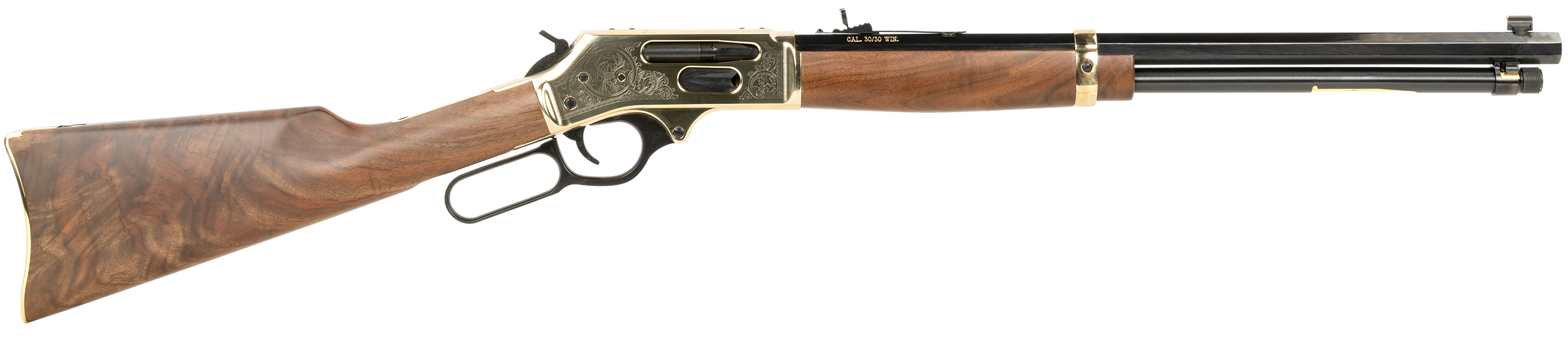 Henry H009BGWL Wildlife 30-30 Win 5+1 20" Blued Octagon, Polished Brass Engraved Rec, American Walnut Furniture, Adj. Brass Buckhorn Sight