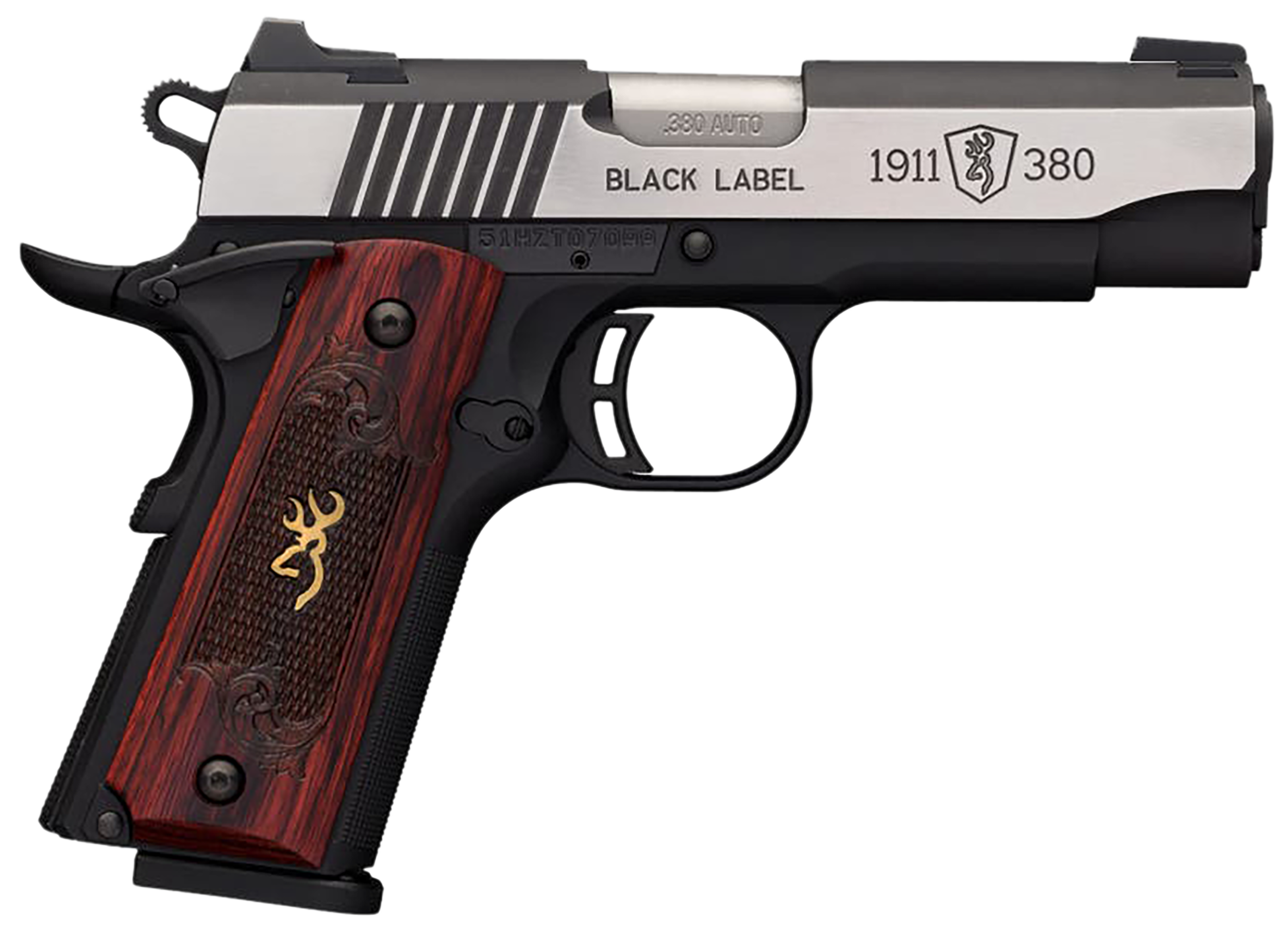 Browning 051913492 1911-380 Black Label Medallion Pro Compact 380 ACP 8+1, 3.63" Target Crown Steel Barrel, Blackened w/Silver Polished Flats Serrated SS Slide, Matte Black Polymer Frame w/Beavertail
