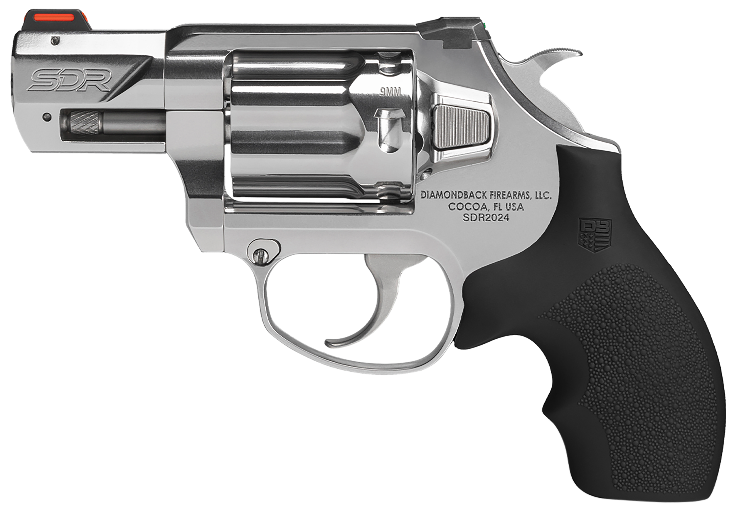 Diamondback DB0700P701 SDR Small 9mm Luger +P 6 Shot 2" Polished Stainless Steel Barrel & Frame, Stainless Steel Cylinder, Black Hogue Rubber Grip, Exposed Hammer