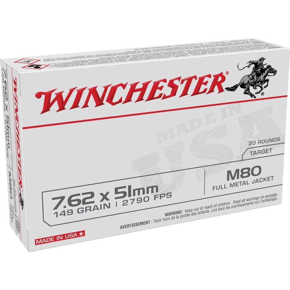 Winchester USA Lake City M80 Rifle Ammunition 7.62X51 NATO 149 gr. FMJ 2790 fps 500/ct
