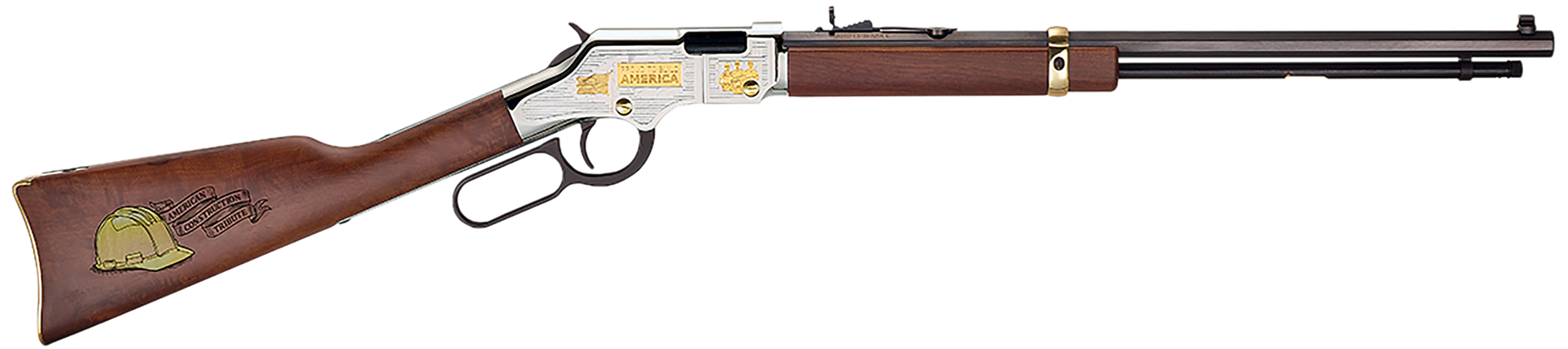 Henry H004AC American Construction  22 S/L/LR, 16 LR/21 Short Capacity, 20" Blued Octagon Barrel, Nickel-Plated w/24K Gold Inlay Engraved Steel Drilled & Tapped Receiver, Walnut w/Gold Accent Fixed Wo