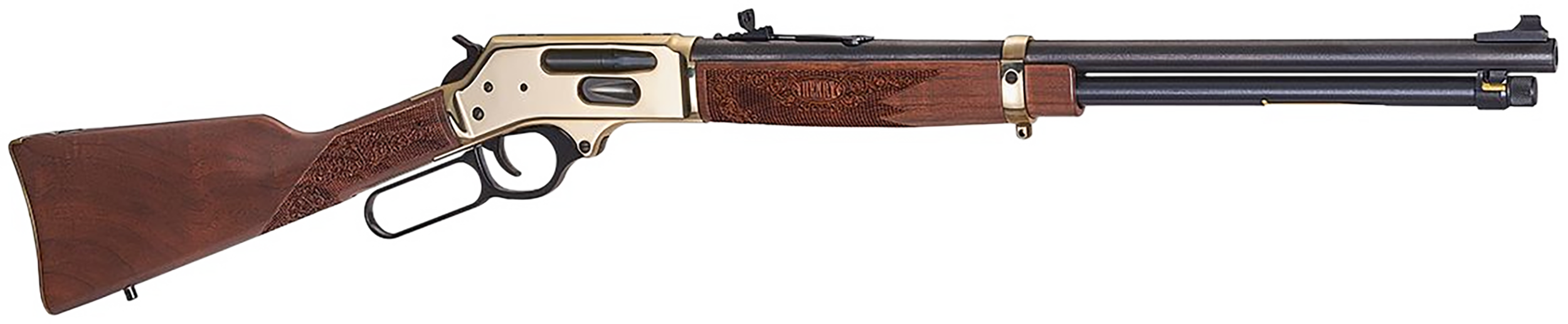Henry H024360BH Side Gate  Full Size 360 Buckhammer 5+1 20" Blued Steel Barrel, Brass Polished Drilled & Tapped Brass Receiver, Fixed American Walnut Stock, Right Hand