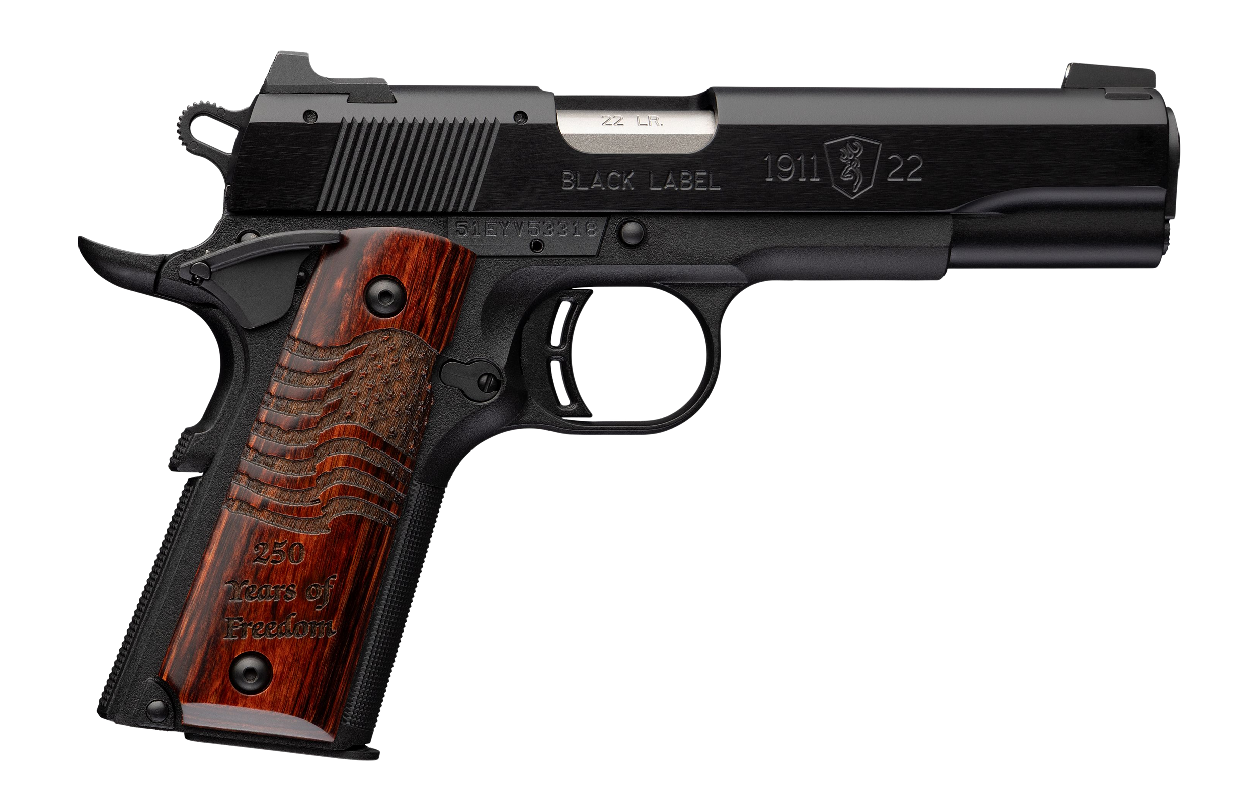 Browning 051071490 1911 Black Label Medallion 250 Full Size 22 LR 10+1 4.25" Matte Stainless Barrel, Black Anodized Aluminum Serrated Slide, Matte Black Polymer Frame, Engraved Rosewood Grip