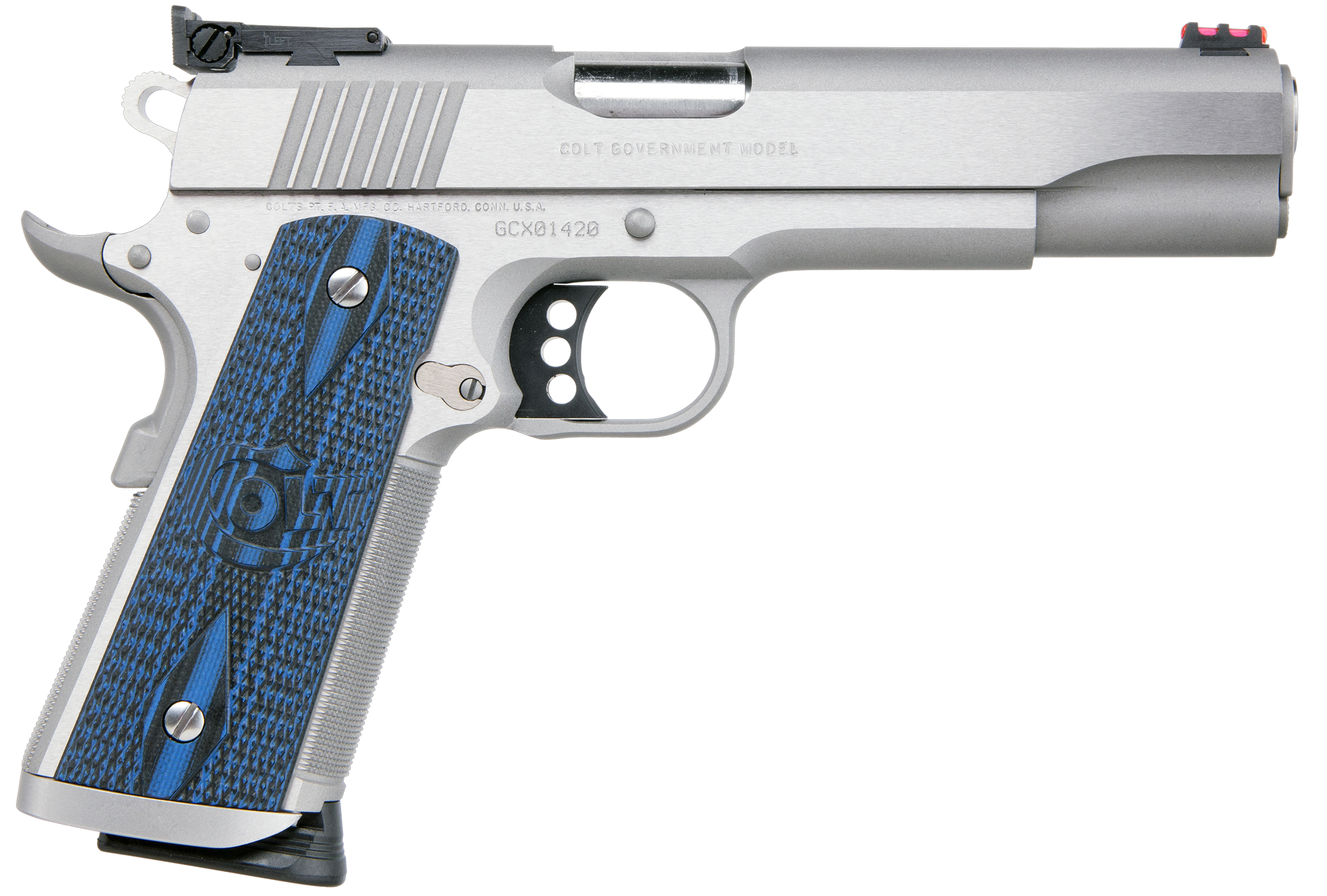 Colt Mfg O5072XE Gold Cup Trophy 9mm Luger 9+1 5" Steel Barrel, Stainless Steel Serrated Slide & Frame w/Beavertail, Competition Blue G10 Grips, Ambidextrous
