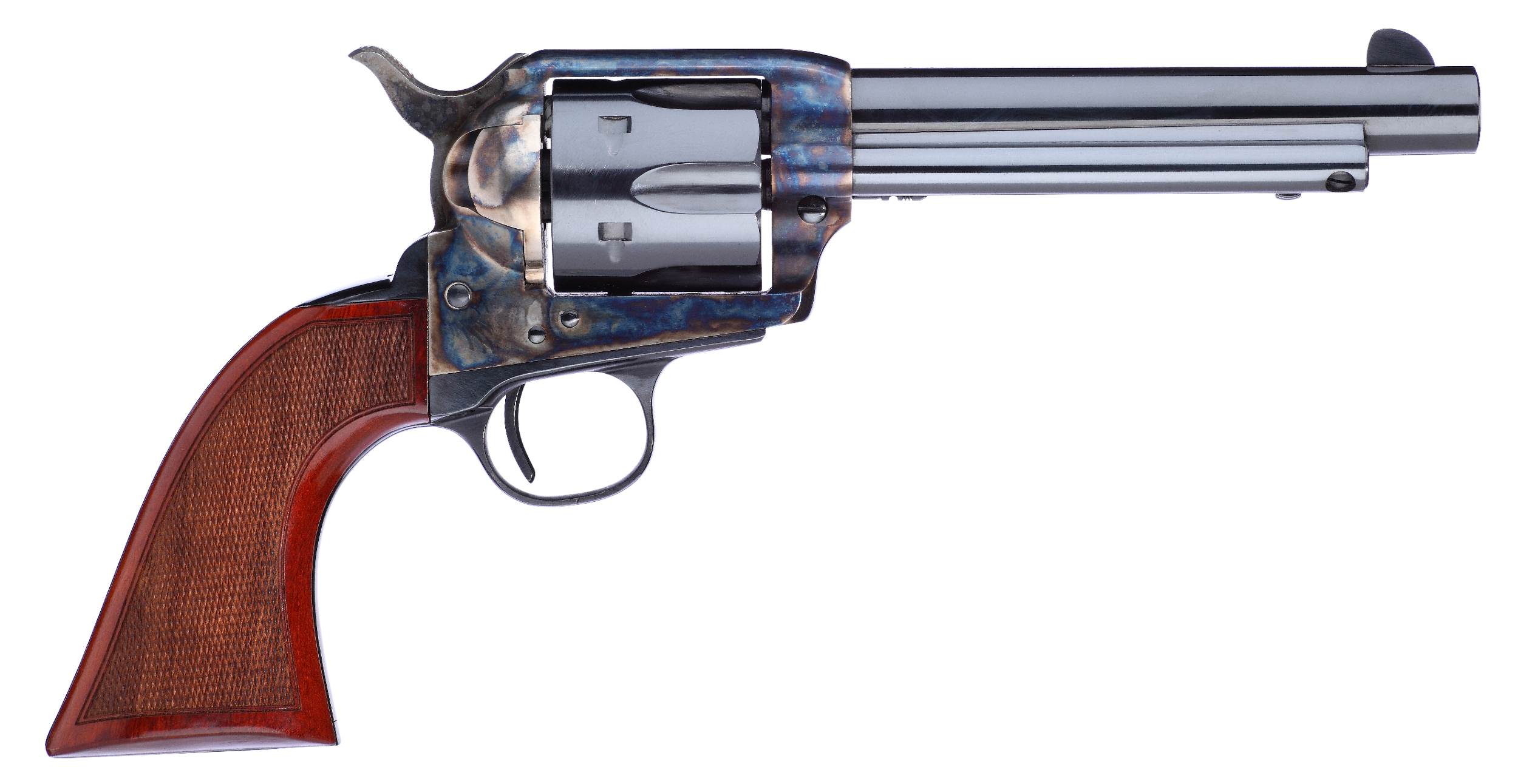 Taylors & Company 556209DE Short Stroke Gunfighter Uberti 357 Mag 6 Shot 5.50" Blued Round Barrel & Cylinder, Color Case Hardened Steel Frame, Walnut Checkered Army Style Grip, Exposed Hammer