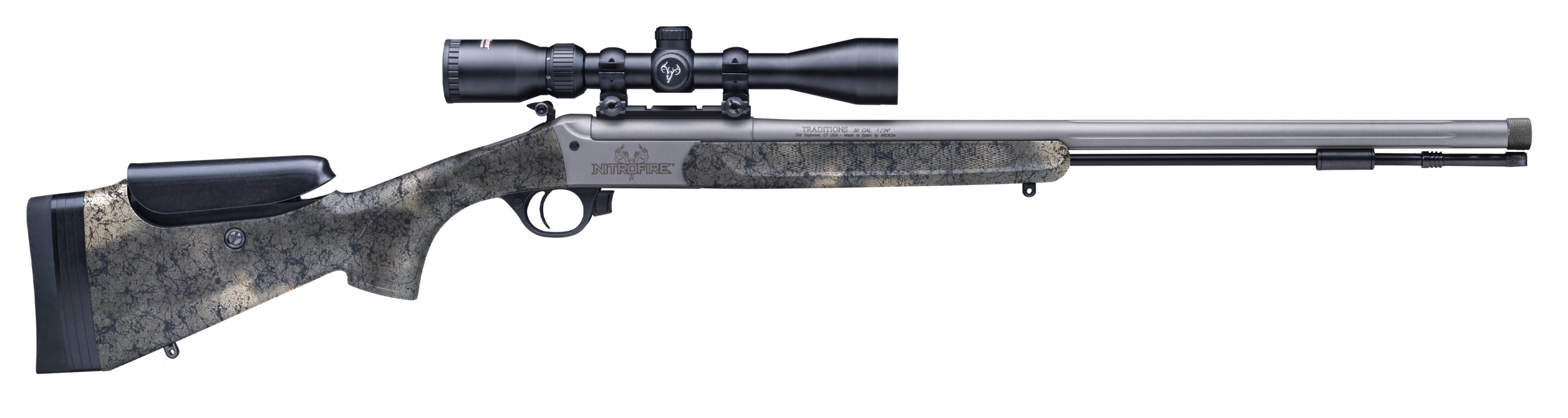 Traditions CR53846604537 NitroFire Pro 50 Cal 209 Primer Firestick 26" Tungsten Cerakote Fluted Threaded Barrel, Drilled & Tapped Steel Receiver, Adj Cheek Piece & LOP Desert Web Synthetic Stock, 3.5-