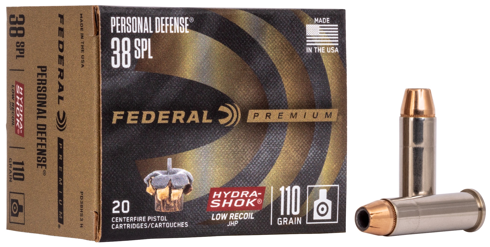 Federal PD38HS3H Premium Personal Defense Low Recoil 38Special 110gr Hydra-Shok Jacketed Hollow Point 20 Per Box/10 Case
