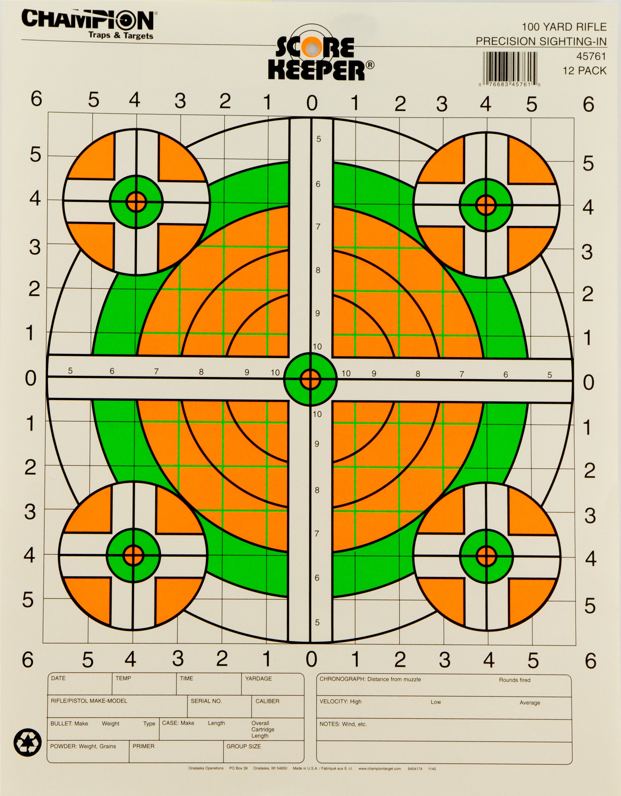 Champion Targets 45761 Score Keeper  Bullseye Paper Hanging 100 yds Rifle 14" x 18" Green/Orange 12 PK