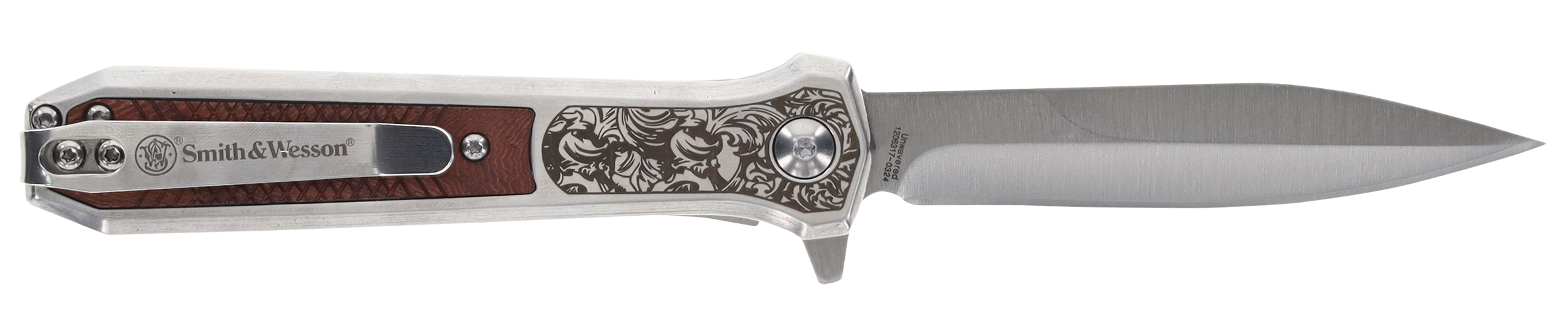 Smith & Wesson Knives 1205011 Unwavered  3.50" Folding Dagger, Plain Stonewashed 8Cr13MoV SS Blade, 4.25" Rosewood w/SS Scales Handle