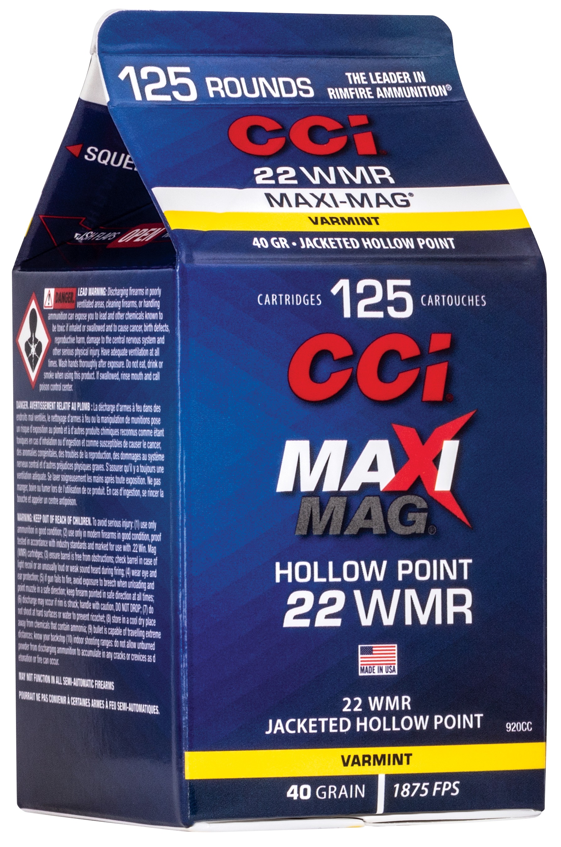 CCI 920CC Maxi-Mag Rimfire 22WMR 40gr Jacketed Hollow Point 125 Per Box/10 Case