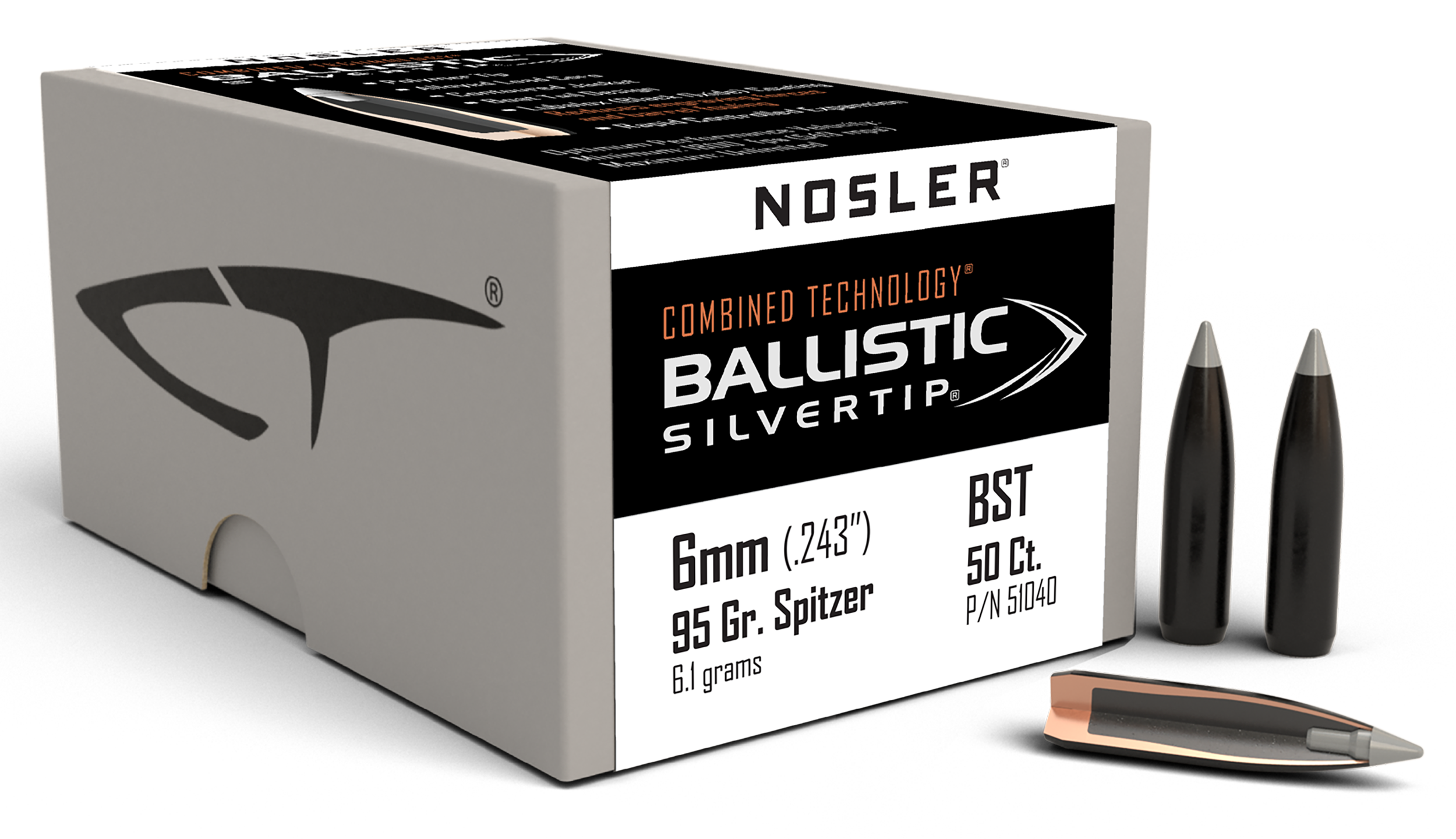 Nosler 51040 Ballistic Silvertip  6mm 95gr Spitzer Point 50/Box