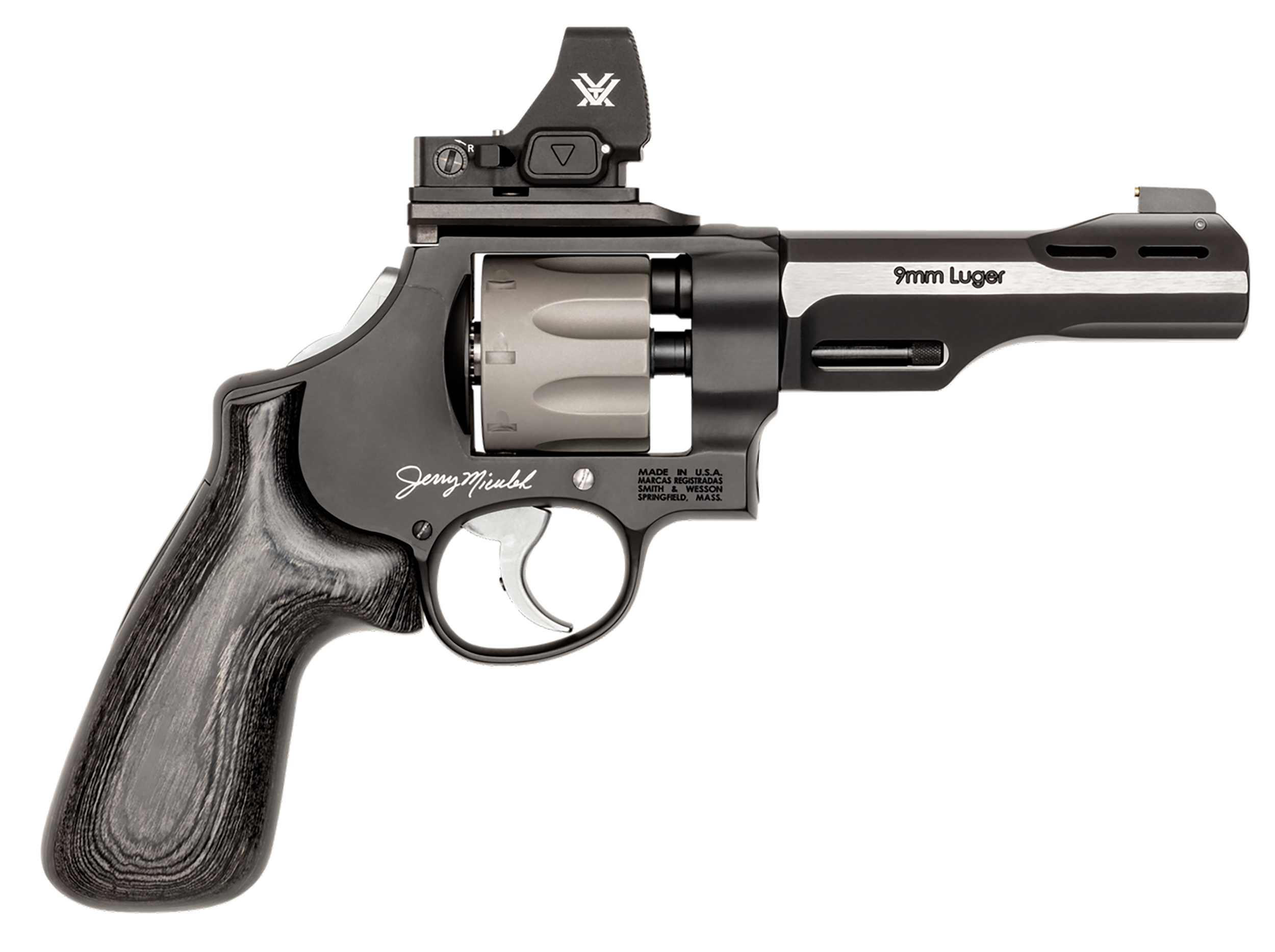 Smith & Wesson 14045 PC Model 327 w/Optic N-Frame 9mm Luger 8 Shot 5" Black/SS Ported Barrel, Black Scandium Alloy Frame, JM Signature Black Laminate Grip, Vortex CompDot, C.O.R.E Optic System