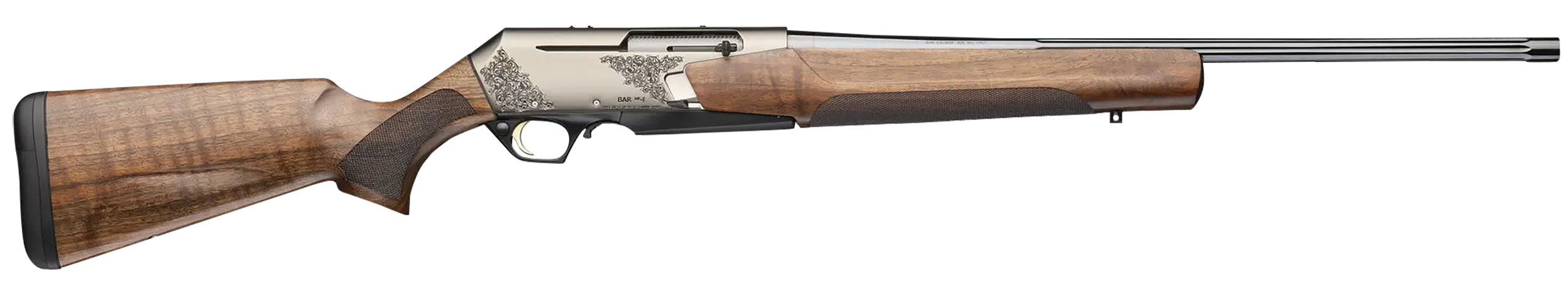 Browning 039009227 BAR MK4 Medallion 7mm Rem Mag 3+1 24" Polished Blued Fluted Barrel, Satin Nickel Engraved Aluminum Alloy Drilled & Tapped Receiver, Grade III Turkish Walnut Adj Shim Stock