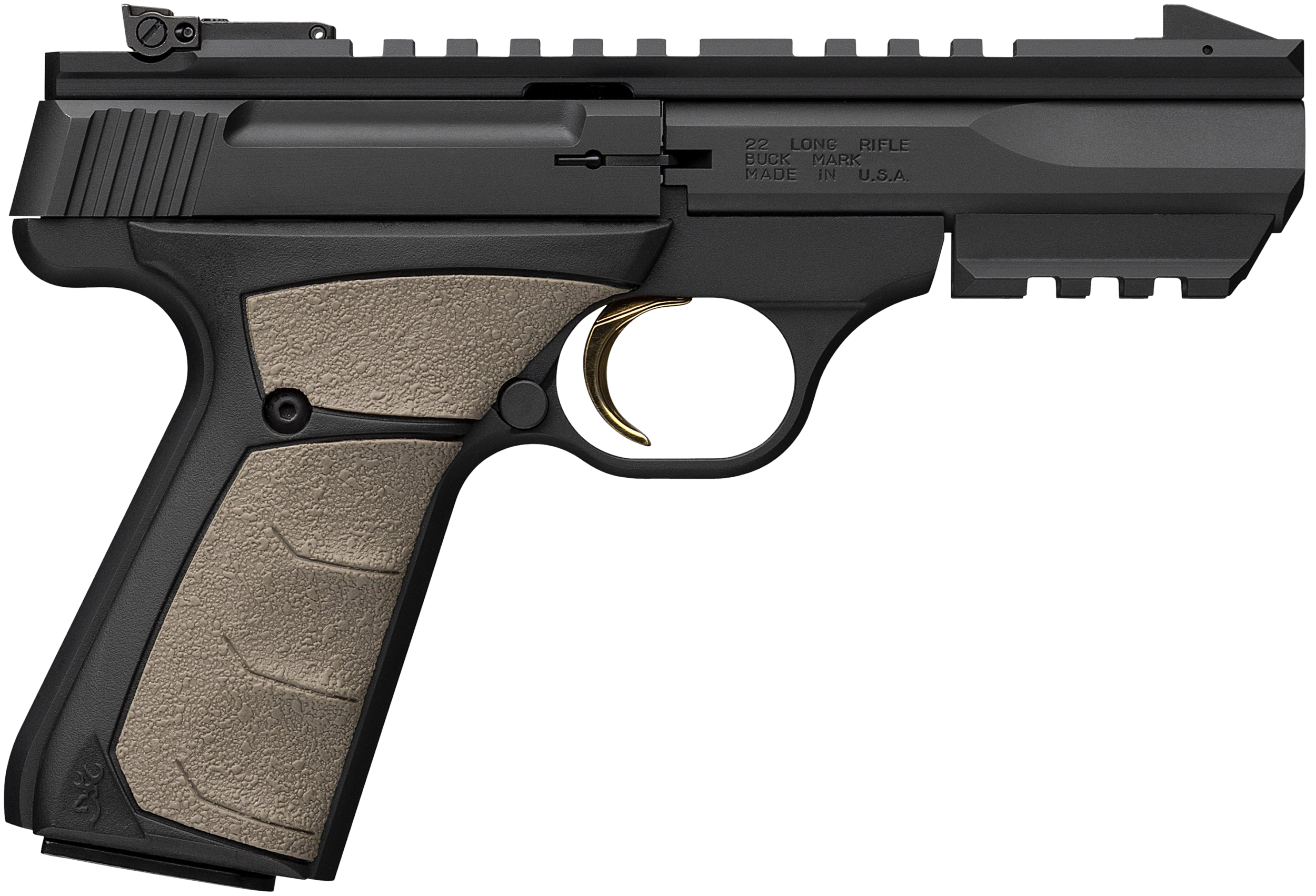 Browning 051601490 Buck Mark Black Label URX 22 LR 10+1 5.50" Matte Blued Contoured Barrel, Matte Black Serrated Slide, Matte Black Aluminum Frame w/Picatinny Rail, FDE UFX Overmolded Grip