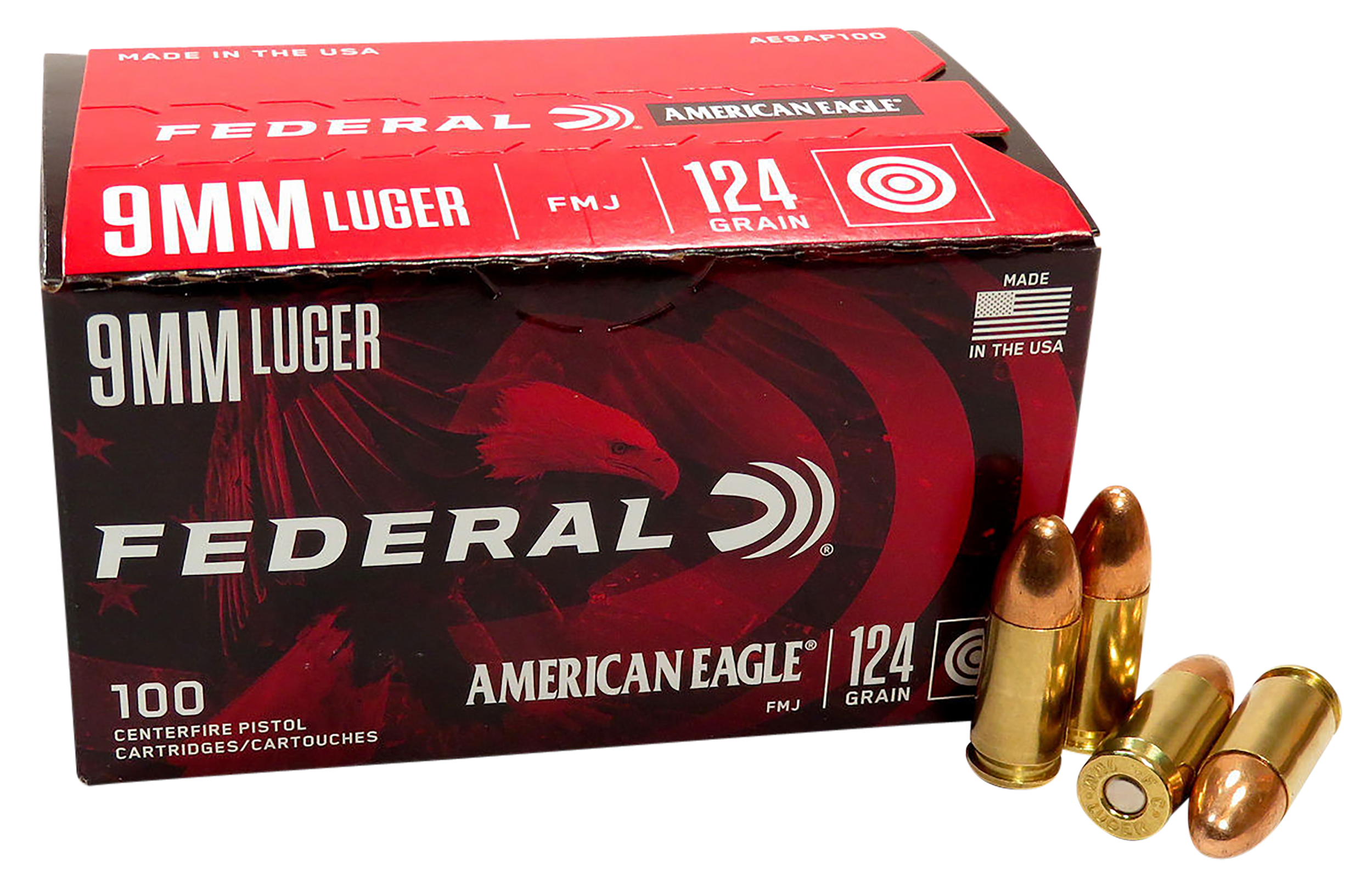 Federal AE9AP100 American Eagle Handgun 9mmLuger 124gr Full Metal Jacket 100 Per Box/5 Case
