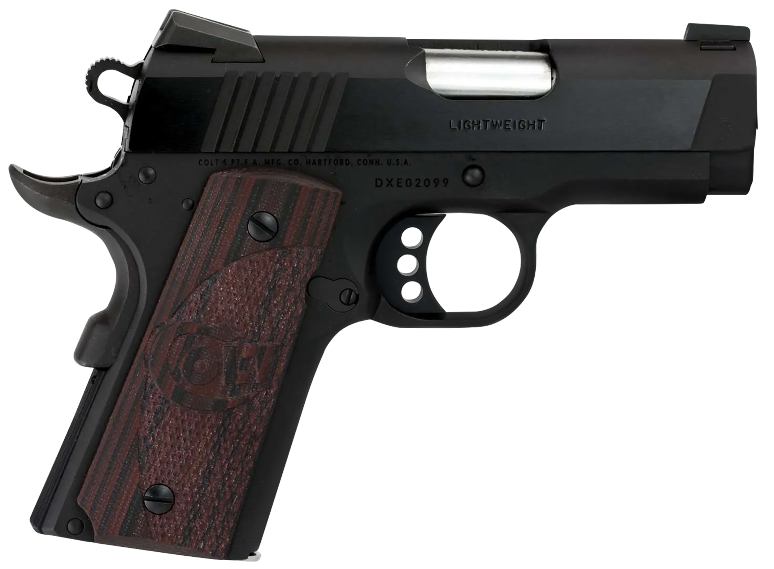 Colt Mfg O7802XE Defender  Compact Frame 9mm Luger 8+1 3" Black Steel Barrel, Blued Serrated Steel Slide, Matte Black Cerakote Aluminum Frame w/Beavertail, Black Cherry Tactical G10 Grip, Ambidextrous