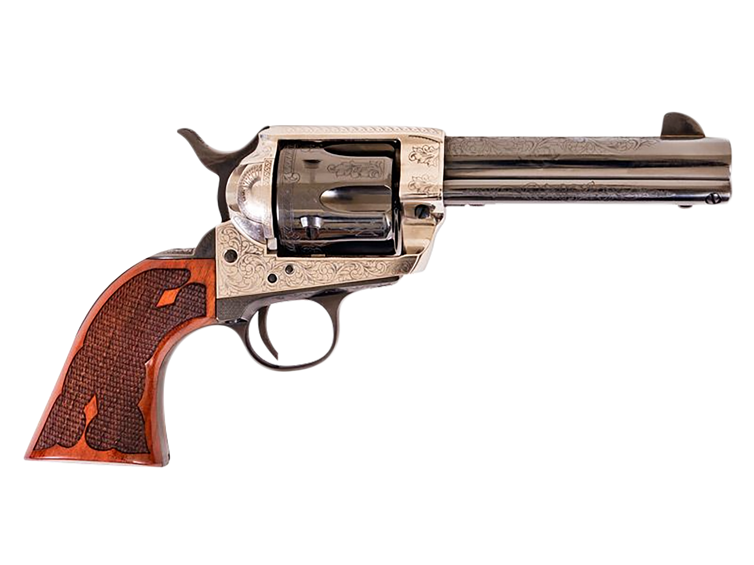 Cimarron PP400LSFW Frontier 357 Mag 6 Shot 4.75" Blued Barrel, Blued Cylinder, Old Silver Engraved Frame, Checkered Walnut Grip