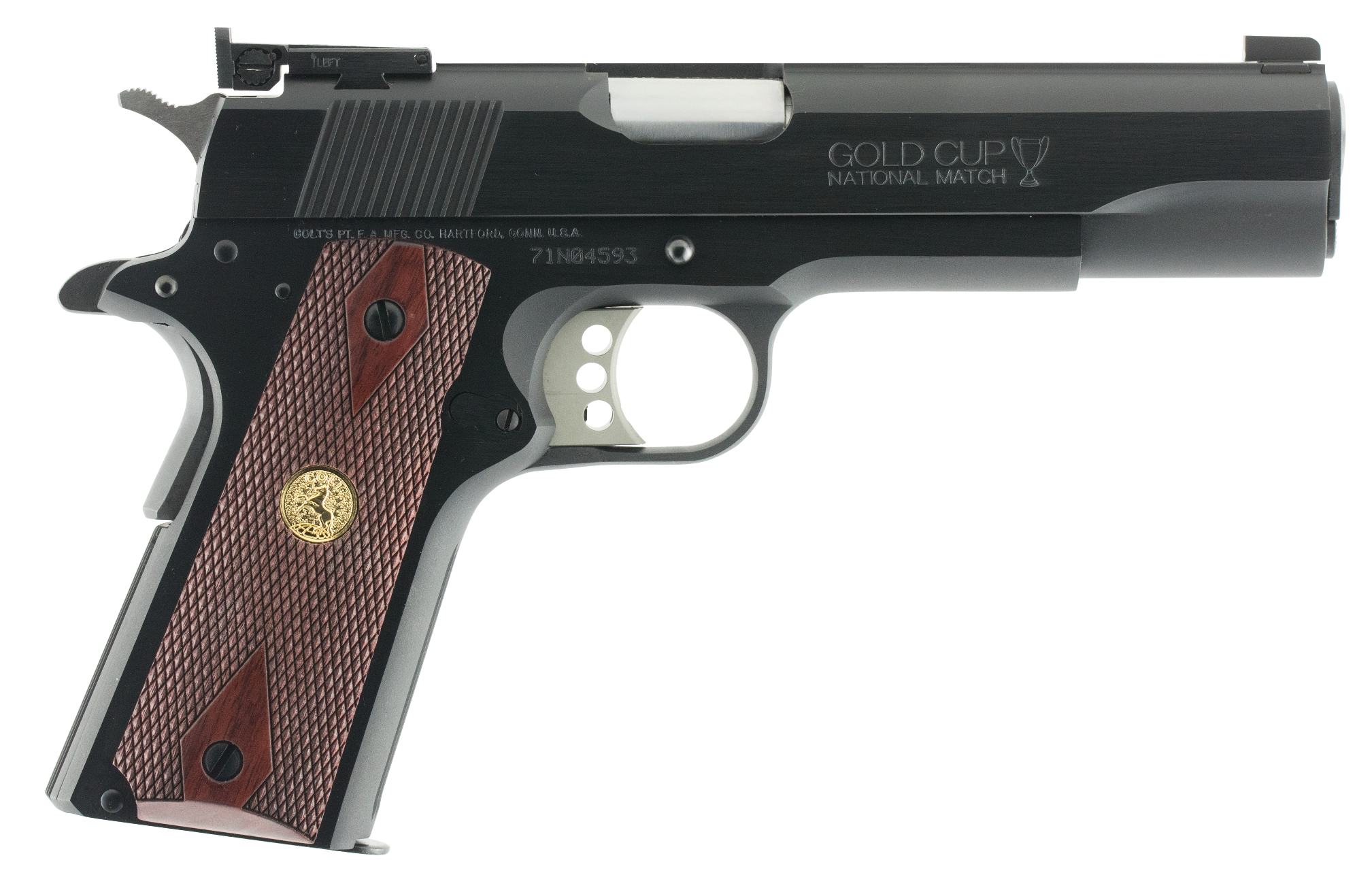 Colt Mfg O5870A1 Gold Cup Natonal Match 45 ACP 8+1 5" Stainless National Match Barrel, Blued Serrated Carbon Steel Slide & Frame w/Beavertail, Walnut w/Integrated Gold Medallion Grip, Ambidextrous