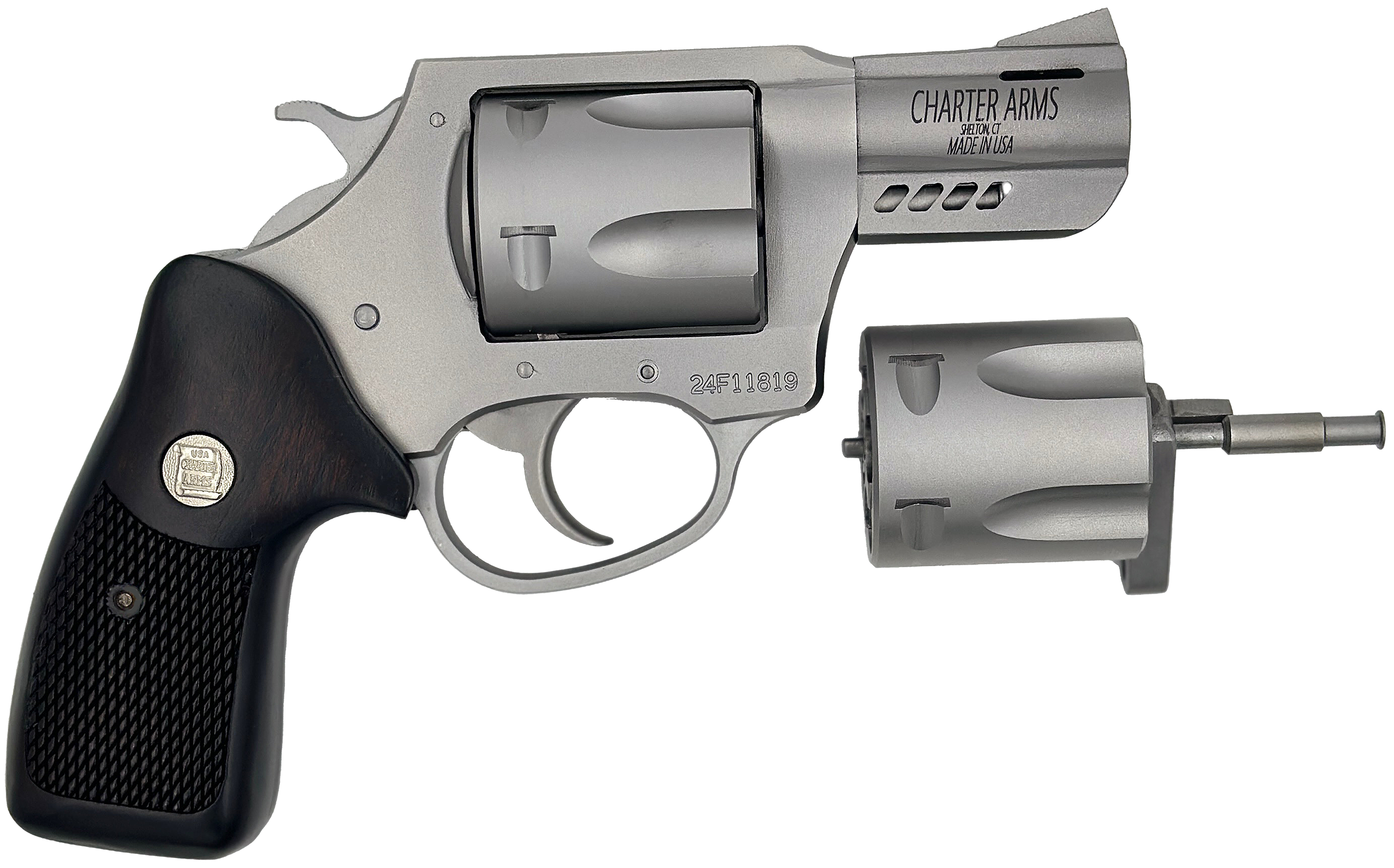 Charter Arms 73920 Double Dog  Large 9mm Luger/357 Mag/38 Special 5 Shot 2.20" Overall Stainless Steel Ported Barrel, Cylinder & Frame, Walnut Grip, Exposed Hammer
