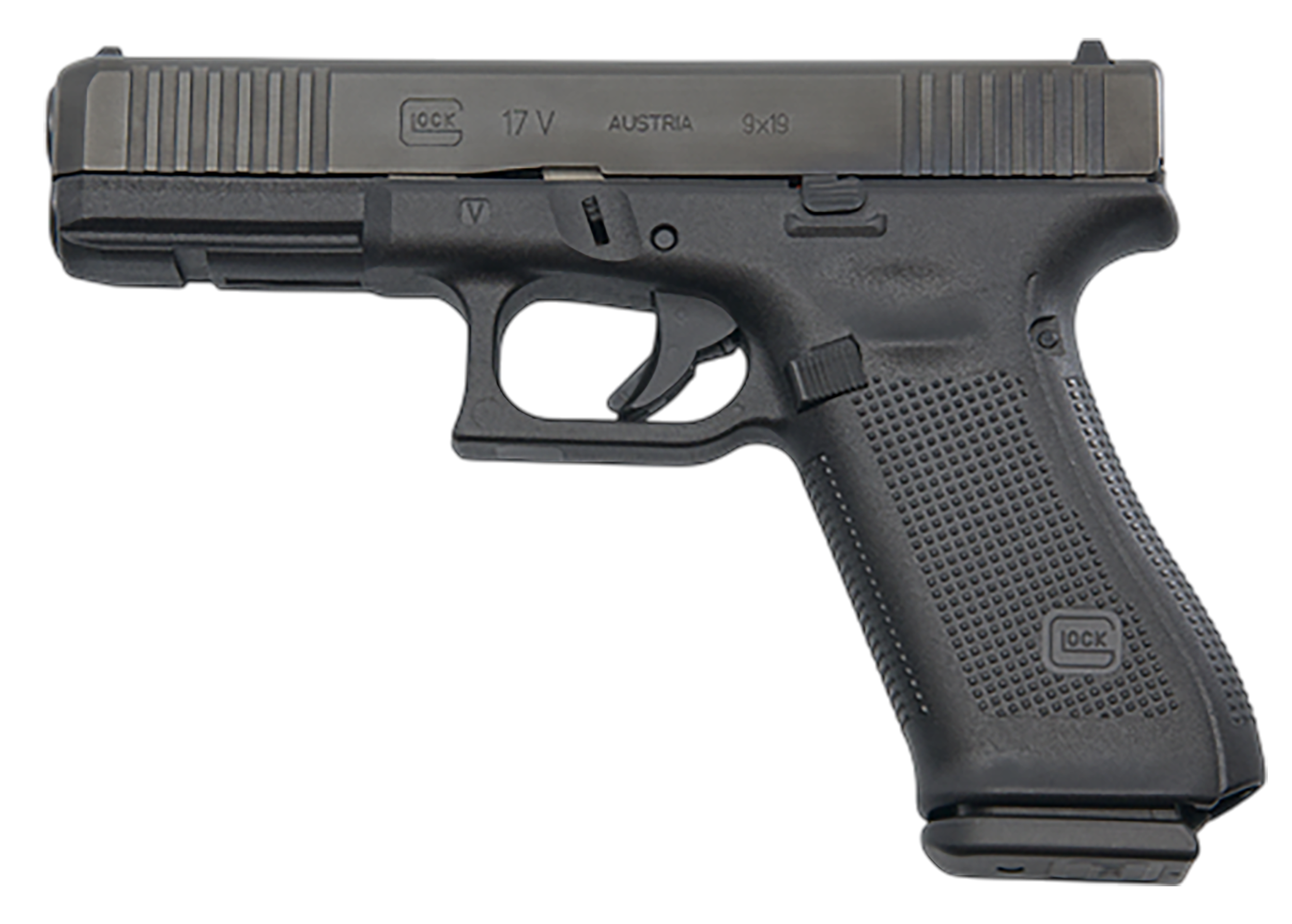Glock PV1750201 G17 V Standard Frame 9mm Luger 10+1 4.49" Black GMB Barrel, Black nDLC Steel Serrated Slide, Black Polymer Frame w/Accessory Rail, Textured Polymer Grip, Ambidextrous