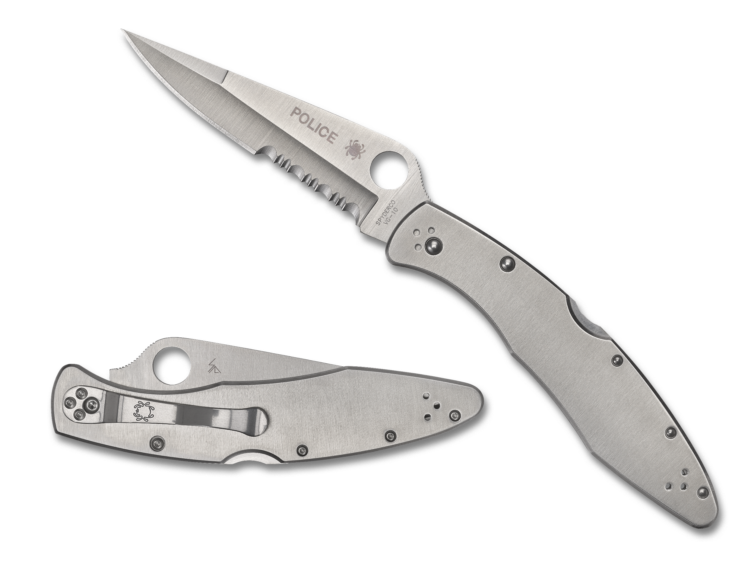 Spyderco C07PS Police  4.13" Folding Plain Satin VG-10 SS Blade/Satin Stainless Steel Handle Includes Pocket Clip