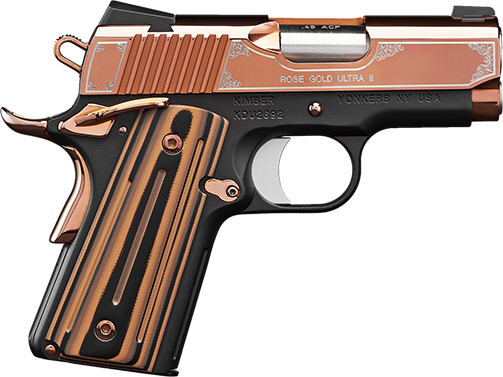 Kimber Mfg, Inc 3200372 Ultra II 9mm Luger 8+1 3" Stainless Match Grade Barrel, Engraved Rose Gold PVD Serrated Stainless Steel Slide, Kimpro II Black Aluminum Frame w/Beavertail, G10 Grip