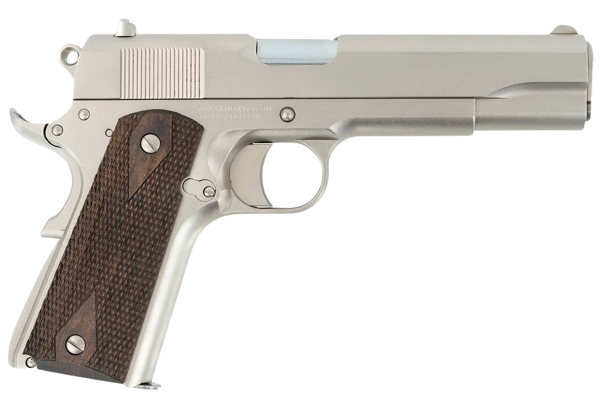 Tisas Arms 10100562 1911 A1 Stakeout 9mm Luger 38 Super 5" Stainless Steel Barrel, Nickel Carbon Steel Serrated Slide & Frame w/Beavertail, Walnut Grip