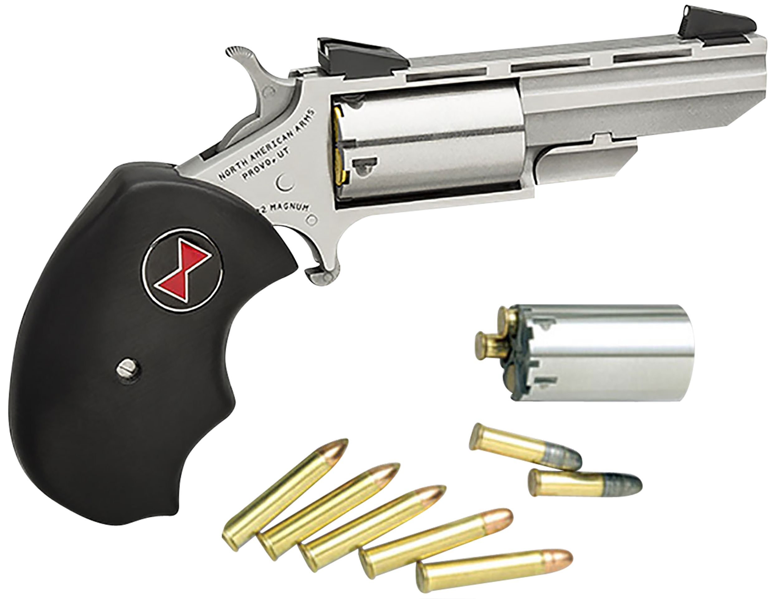 North American Arms BWC Black Widow  22 LR/22 WMR 5 Shot 2" Stainless Steel Vent Rib Barrel, Stainless Steel Frame, Stainless Cylinder, Black Finger Grooved Rubber Grip, Exposed Hammer