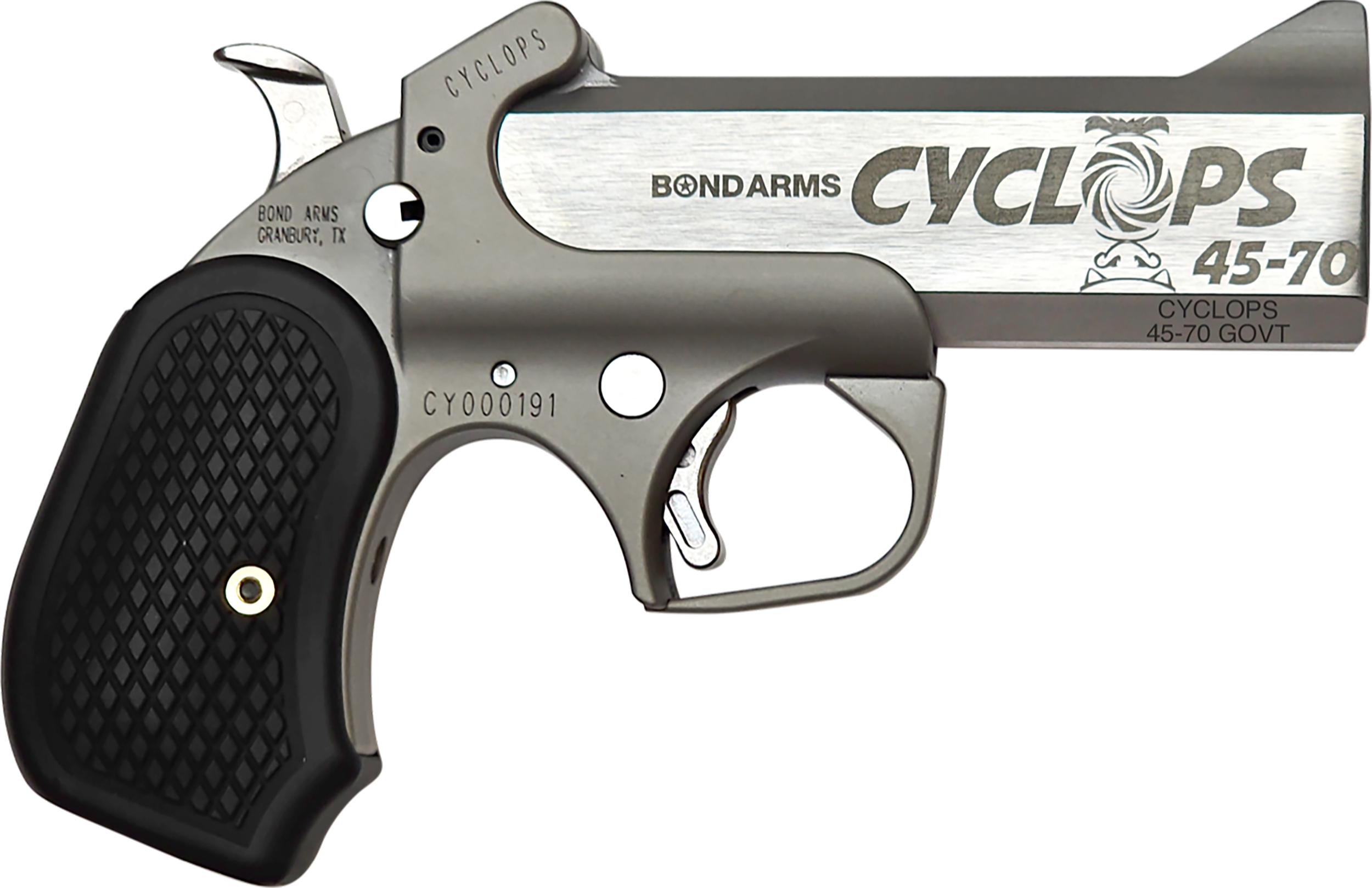 Bond Arms BACY Cyclops Big Bore 45-70 Gov 1rd Shot 4.25" Stainless Stainless Steel Barrel Matte Stainless Black Extended B6 Resin Grips Right Hand