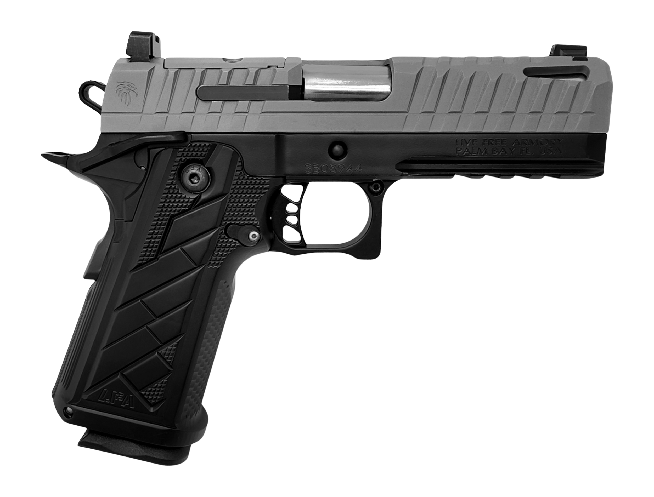Live Free Armory HG8642-N Apollo 11 V2 Compact 9mm Luger 18+1 4.15" Stainless Barrel, Gray Cerakote Steel Optic Ready/Serrated Slide, Black Cerakote Steel Frame w/Beavertail & Picatinny Rail, Black Al
