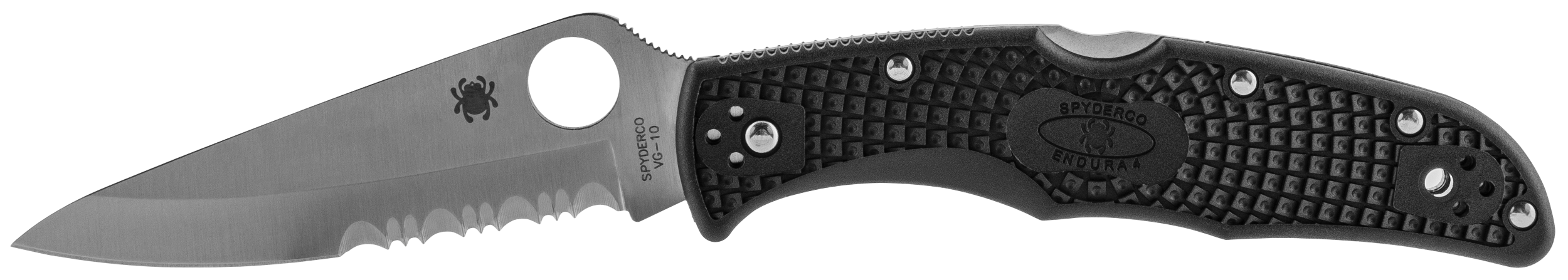 Spyderco C10PSBK Endura 4 Lightweight 3.75" Folding Drop Point Part Serrated VG-10 SS Blade Black  Textured FRN Handle Includes Pocket Clip