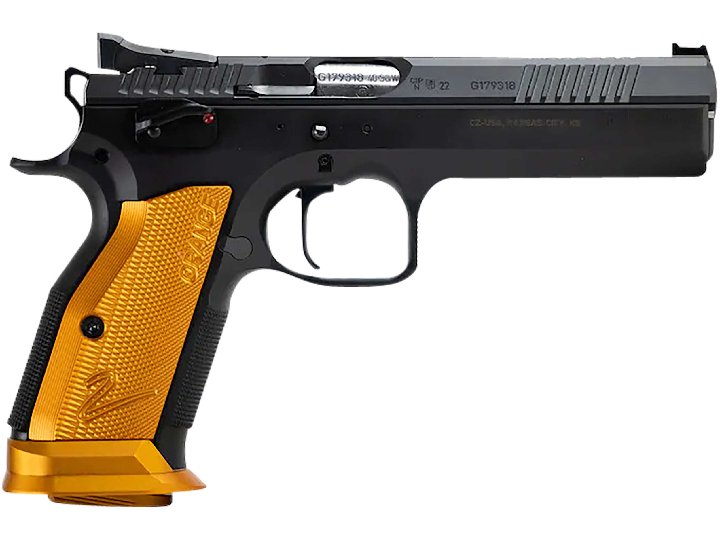 CZ-USA 91266 TS 2 9mm Luger 20+1 5.28" Stainless Bull Barrel, Black Serrated Steel Slide, Black Polycoat Steel Frame w/Beavertail, Orange Checkered Aluminum Grip