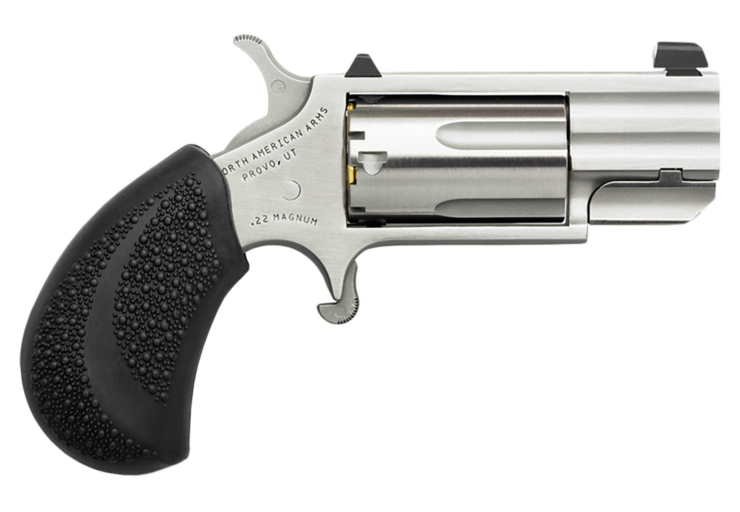 North American Arms PUGD Pug 22 WMR 5 Shot 1" Stainless Steel Barrel, Frame & Cylinder, Black Pebbled Rubber Grip, Exposed Hammer