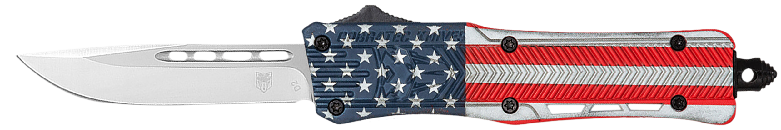 CobraTec Knives MUSACTK1MDNS CTK-1 American Flag Medium 3" OTF Drop Point Plain D2 Steel Blade, 5" Red/White/Blue Flag Cerakote Aluminum Alloy Handle