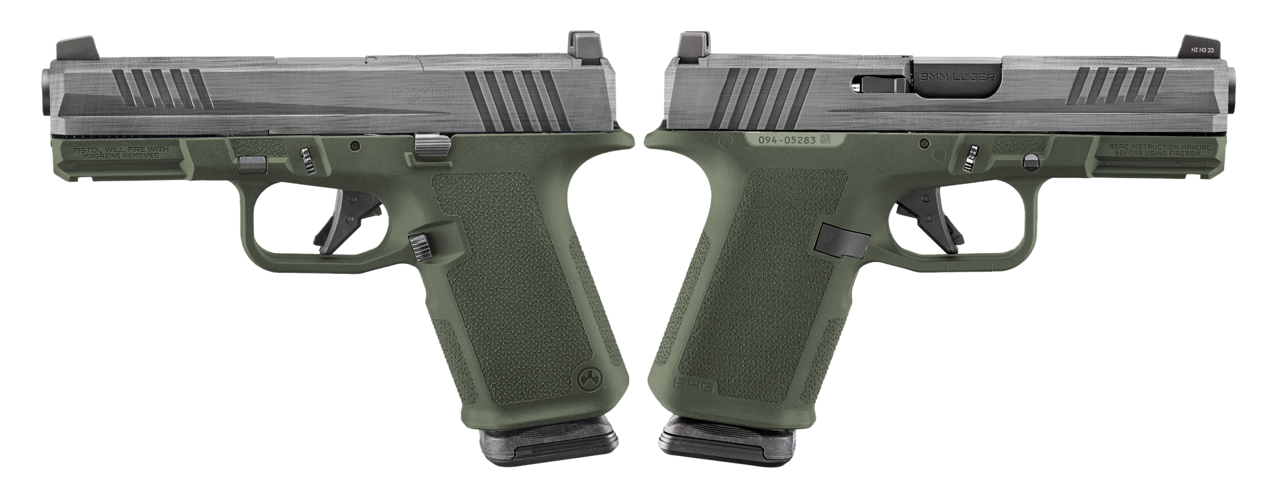 RUGER RXM 9MM PISTOL 4" CRUSHED SILVER BATTLE WORN/GREEN O.R. 2-15RD MAGS - ORION EXCLUSIVE