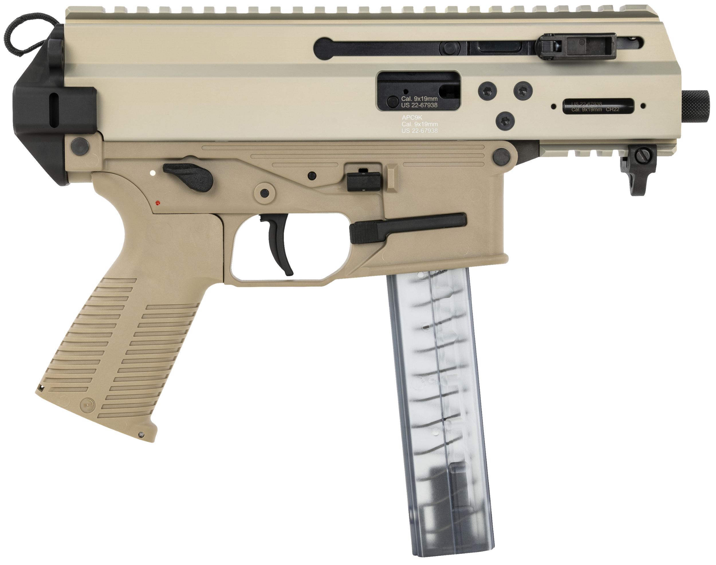 B&T Firearms 36176502CT APC 9K 9mm Luger 30+1 4.30" Black Threaded Barrel, Coyote Tan Aluminum/Polymer Frame, Picatinny Rail, Brace Adapter, Coyote Polymer Grip, Ambidextrous