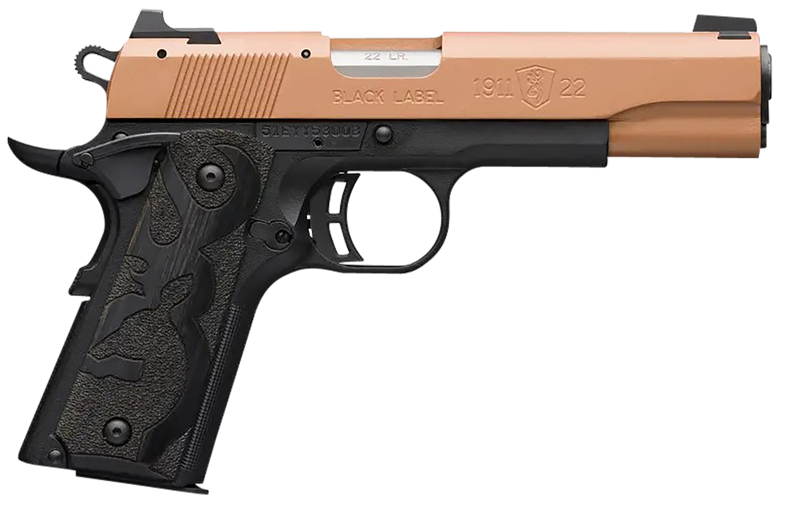 Browning 051895490 1911 Black Label Full Size Frame 22 LR 10+1, 4.25" Matte Stainless Steel Barrel, Copper Cerakote Serrated Slide, Matte Black Polymer Frame w/Beavertail, Black Laminate Wood Grip