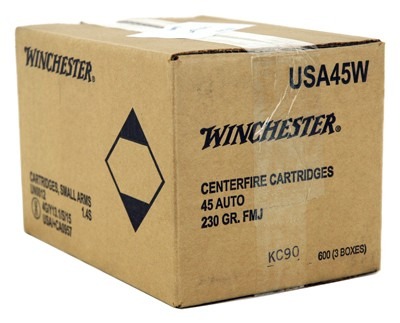 WINCHESTER USA 45 ACP 230GR FMJ-RN 600RD CASE LOT