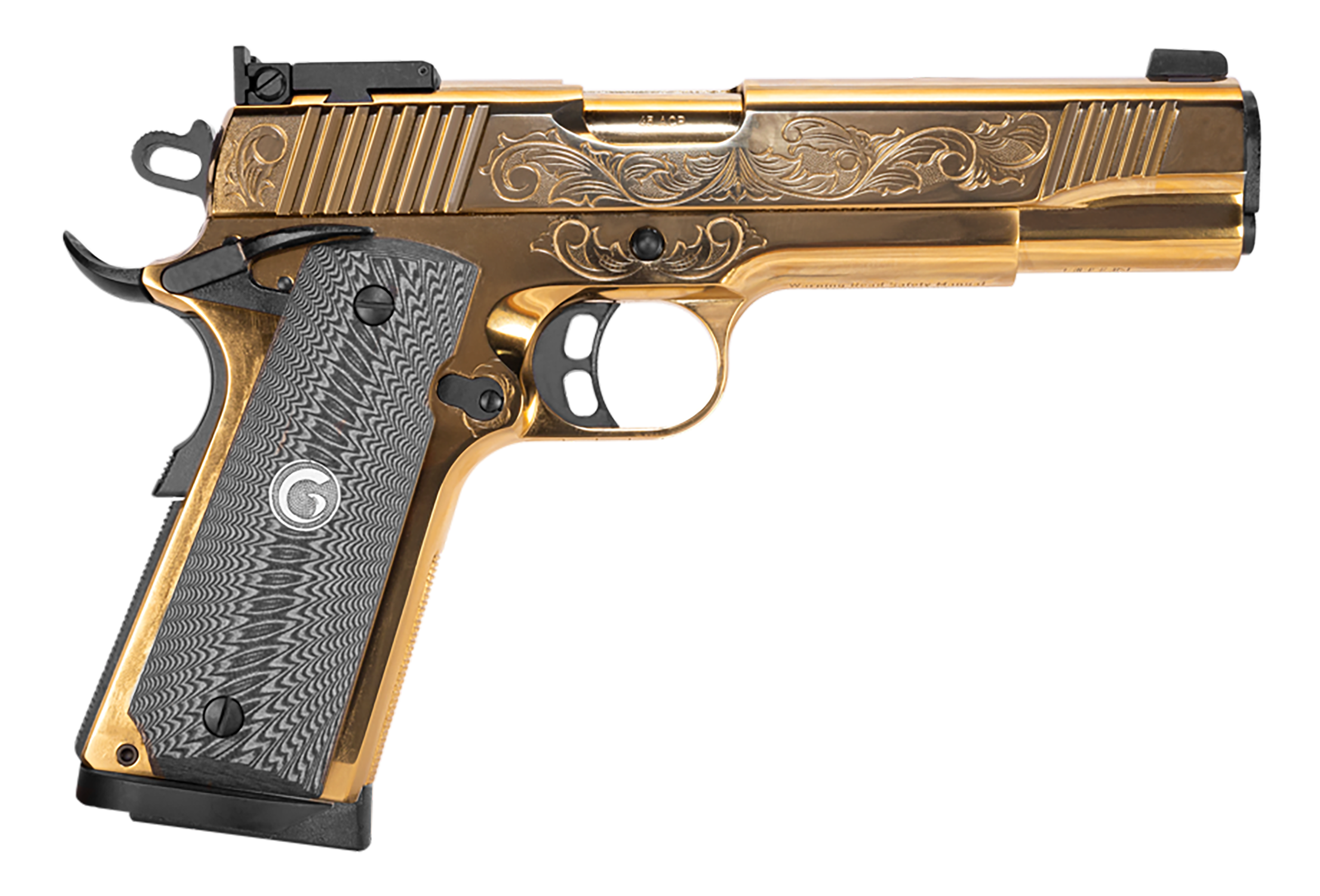 Girsan 390093 MC1911 S Lux 45 ACP 8+1 5" Gold Plated PVD Steel Barrel, Gold Finish Engraved Serrated w/Engraving Steel Slide, Gold Plated Steel Frame, Black G10 Grip