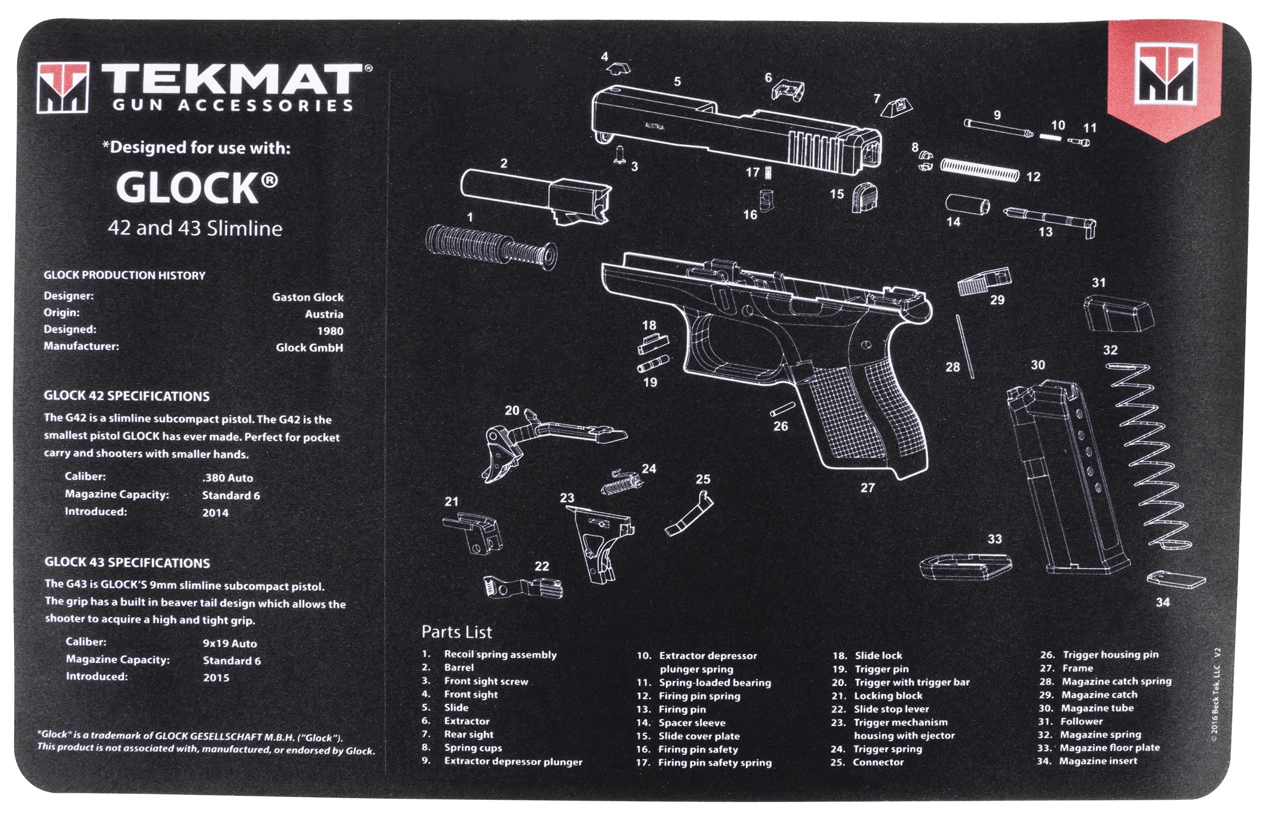 TekMat TEKR17GLOCK4243 Glock 42/43 Cleaning Mat Black/White Rubber 11"x17" Glock 42/43 Parts Diagram