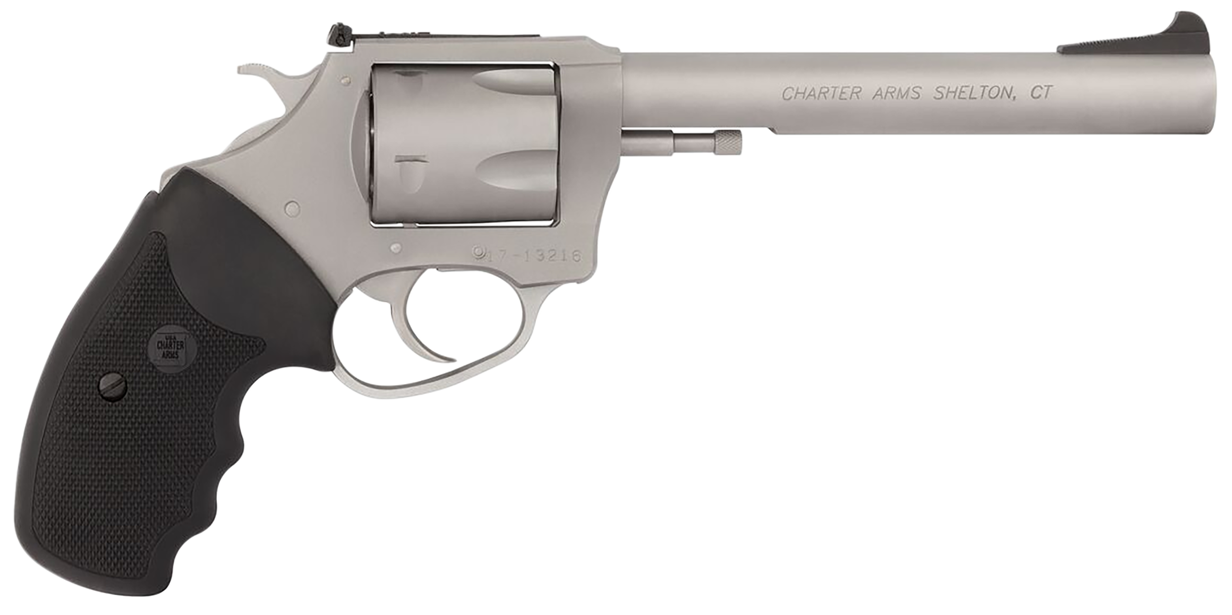 Charter Arms 79960 Pitbull Large 9mm Luger, 5 Shot 6" Matte Stainless Steel Barrel, Cylinder & Frame w/Black Finger Grooved Rubber Grip