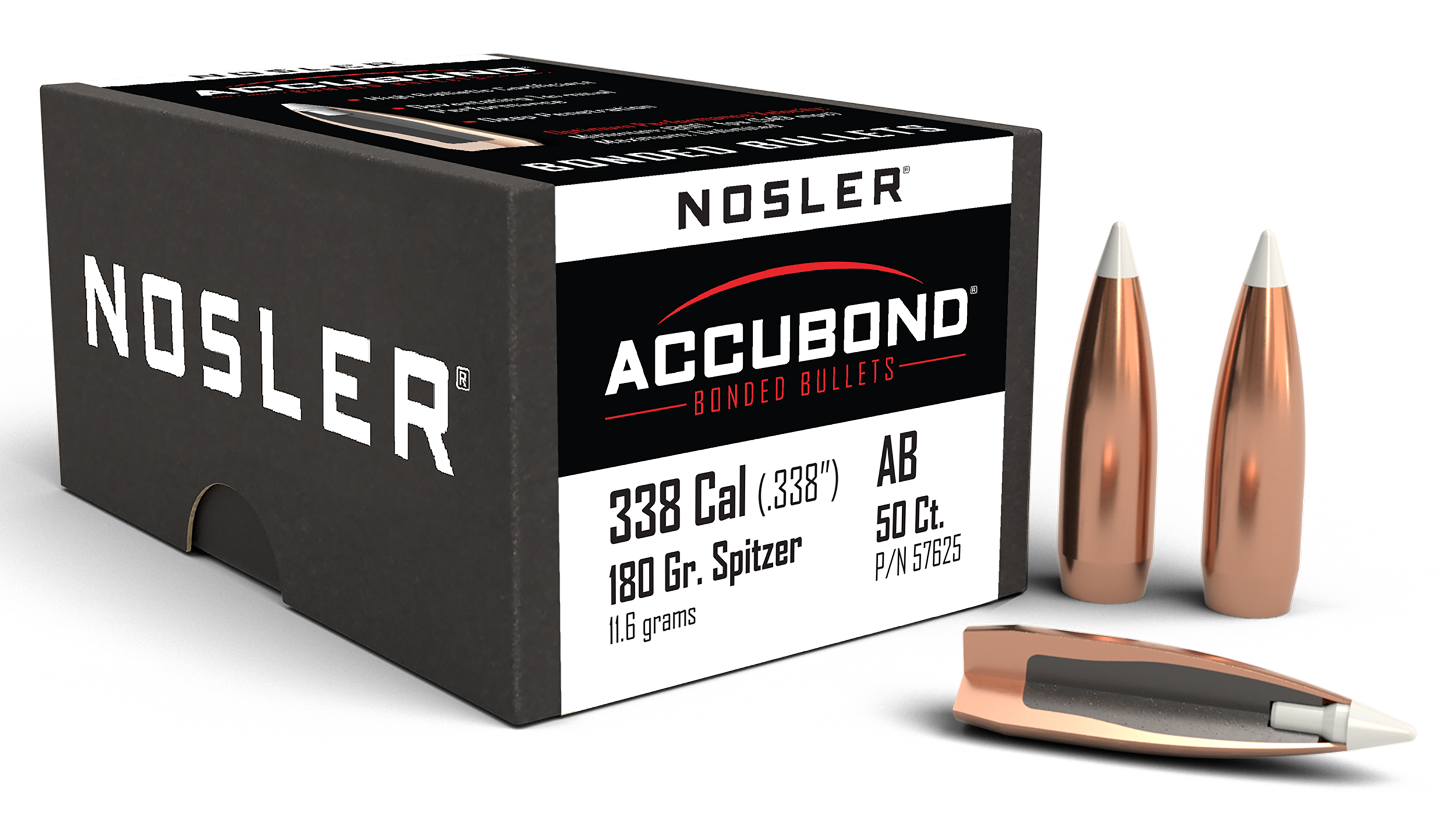Nosler 57625 AccuBond 338Cal 180gr Spitzer Point Boat Tail 50/Box