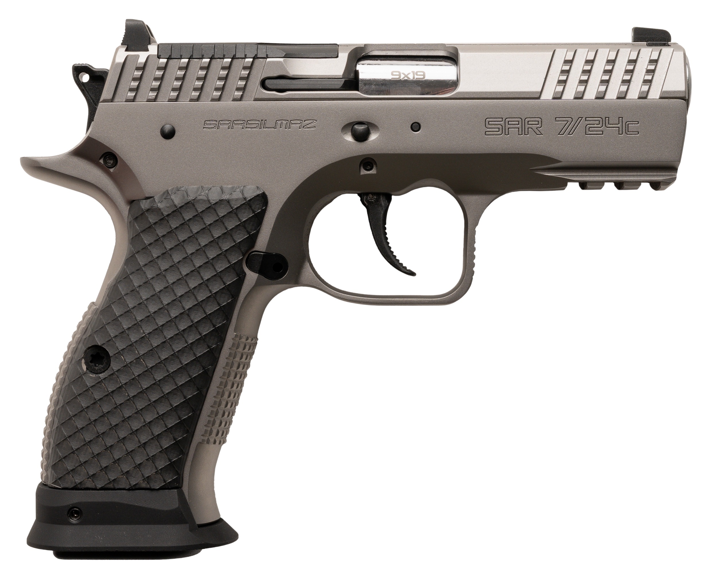 Sarsilmaz SAR7/24C 7/24  Compact 9mm Luger 17+1 Matte Stainless Steel Frame w/Beavertail & Picatinny Rail, Black Polymer Grip