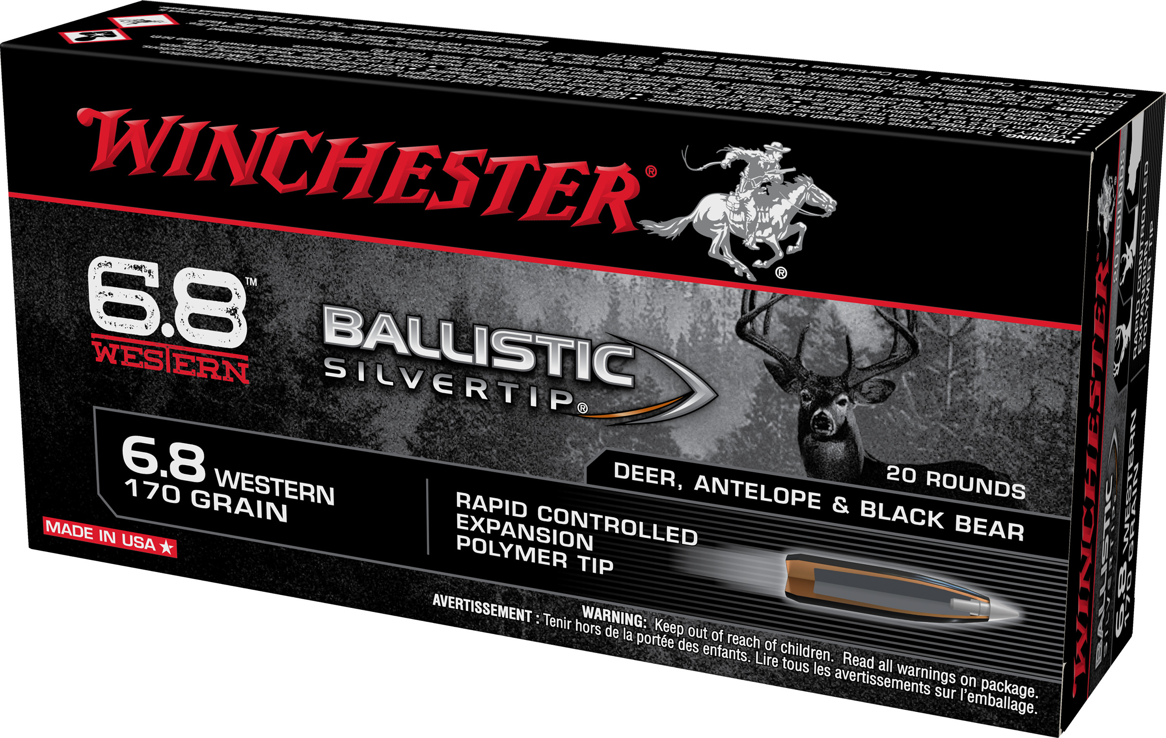 Winchester Ammo SBST68W Ballistic Silvertip  6.8Western 170gr Rapid Controlled Expansion Polymer Tip 20 Per Box/10 Case