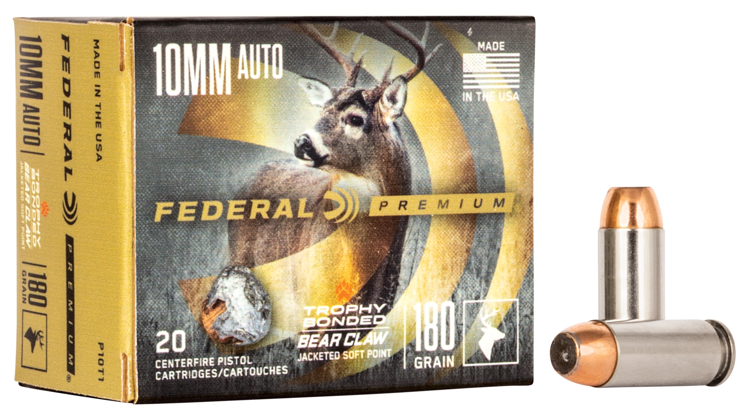 Federal P10T1 Premium  10mmAuto 180gr Trophy Bonded Bear Claw Jacketed Soft Point 20 Per Box/10 Case